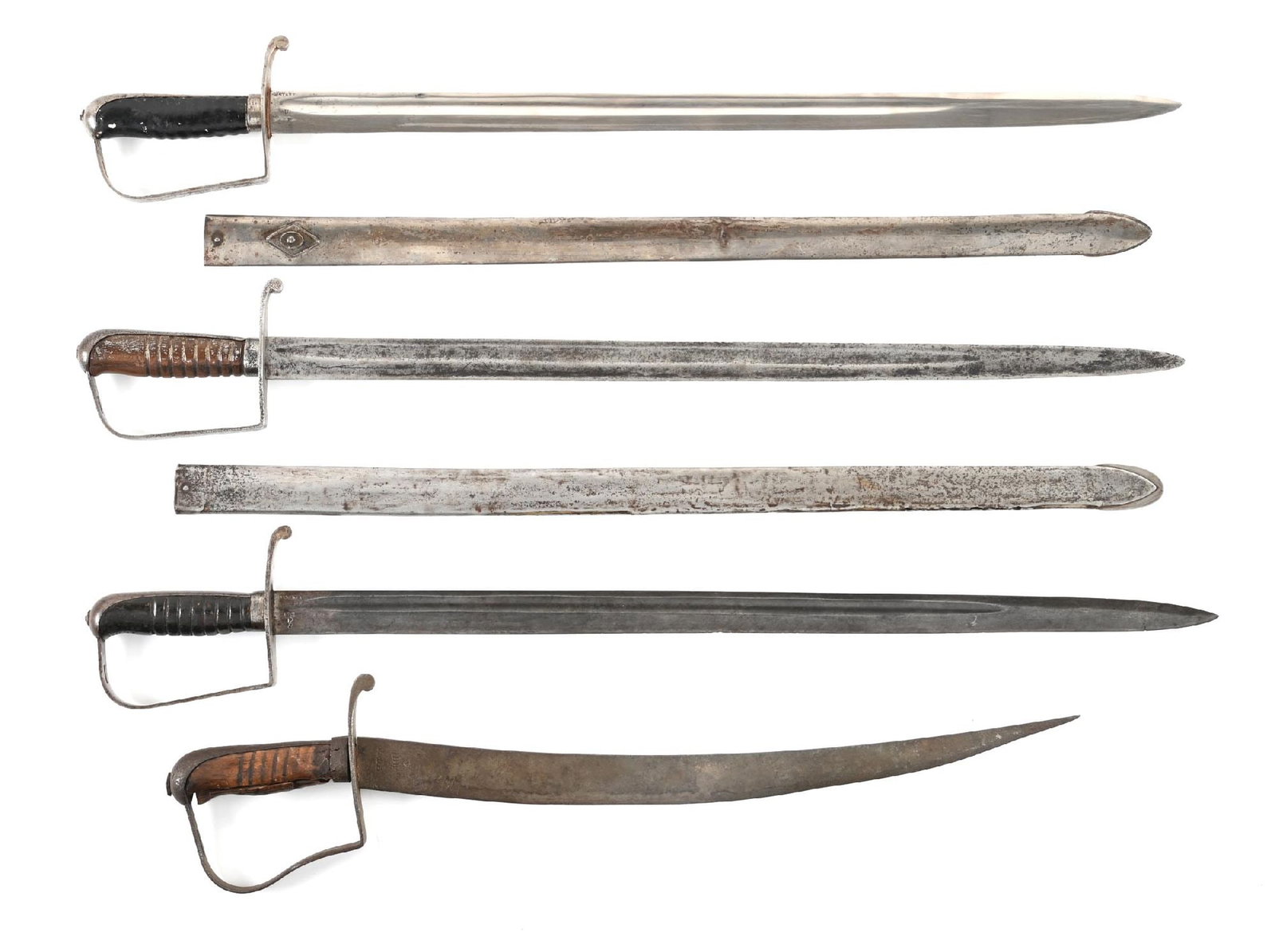 LOT OF 4: US STARR 1818 CONTRACT NCO SWORDS.: Lot consists of: (A) Starr Model 1818 NCO sword in standard configuration with straight fullered blade marked "N. STARR / US / P / S" on the reverse side. The blade is bright with scattered sharpening