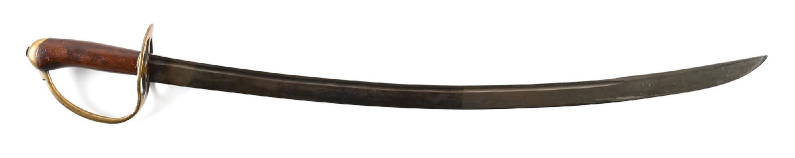 AMERICAN REVOLUTIONARY WAR OFFICER'S HANGER, EX-PETER TILLOU.: Features a curved blade with single fuller blued for about half its length. The bluing remains visible but faint. Nice patina throughout with scattered blemishes. No visible markings. Brass hilt that 