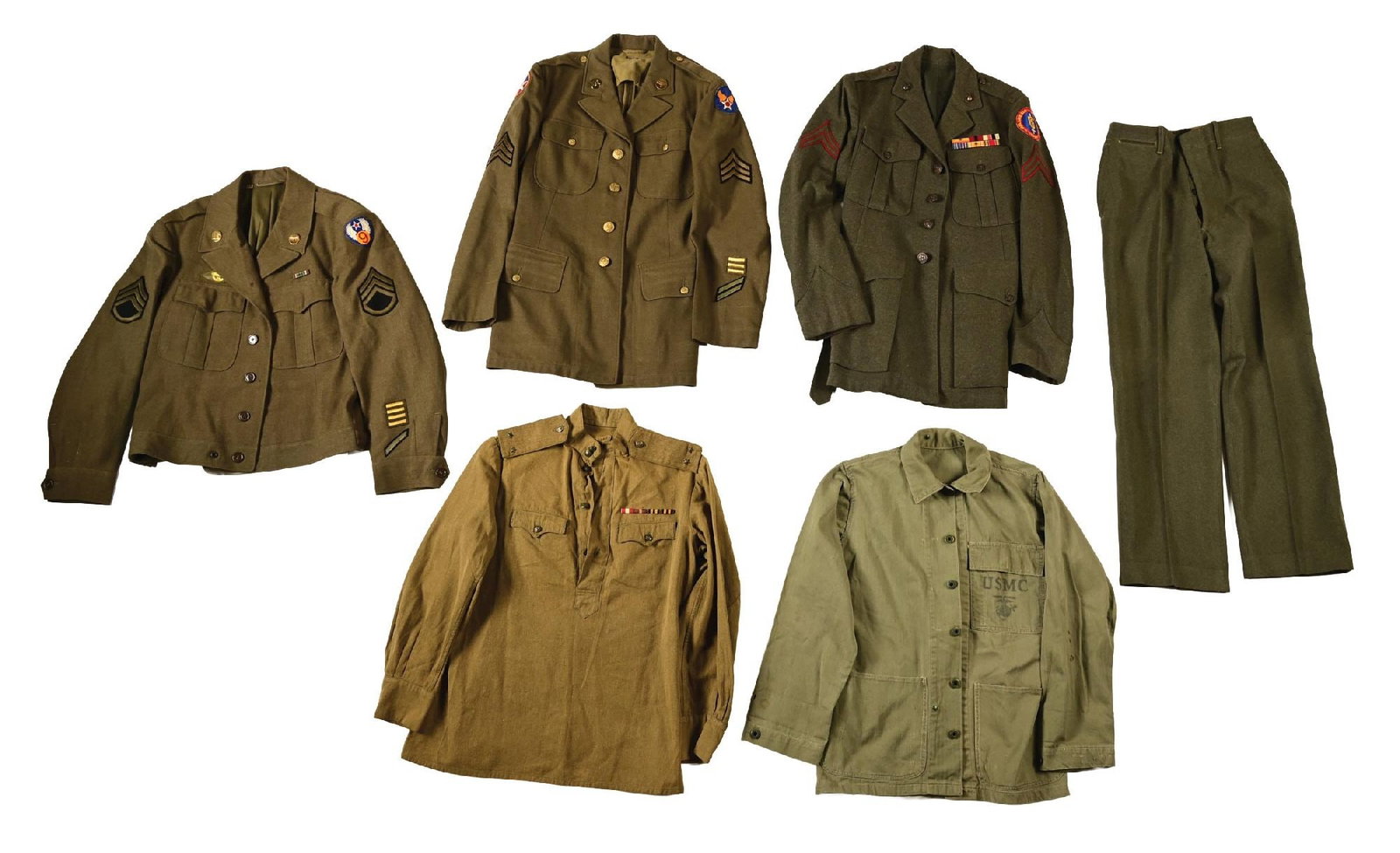 LOT OF US AND RUSSIAN UNIFORMS.: Lot consists of four uniforms, two World War II US Army Air Force uniform jackets, a four pocket tunic and an Ike jacket, a World War II US Marine Corps 6th Marine Division uniform consisting of dress
