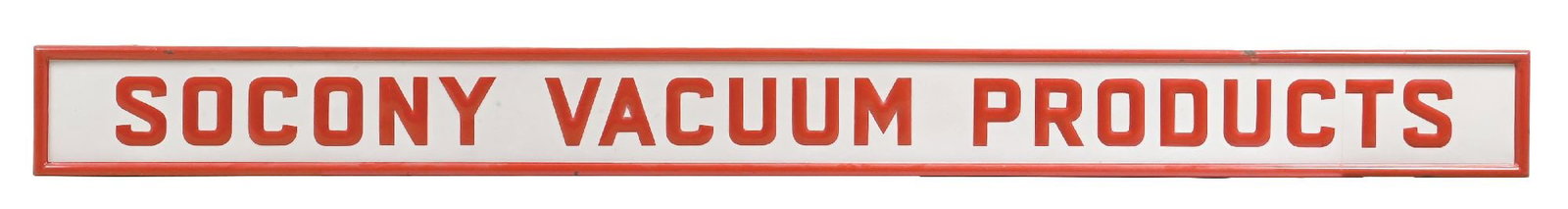 SOCONY VACUUM PRODUCTS SELF-FRAMED EMBOSSED PORCELAIN SIGN: SSP. C. 1930s. CONDITION: Excellent color and gloss throughout the field, showing no areas of field chipping, with embossed porcelain lettering in excellent condition. Self-framed outer edge showing m