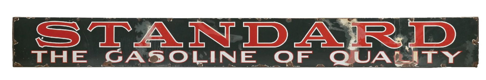 STANDARD "THE GASOLINE OF QUALITY" PORCELAIN STRIP SIGN: SSP. C. 1920s. CONDITION: Fair throughout, showing good color and gloss with areas of cloudiness and surface scratching, as well as some areas of discoloration. Sign shows chipping at the mounting hol