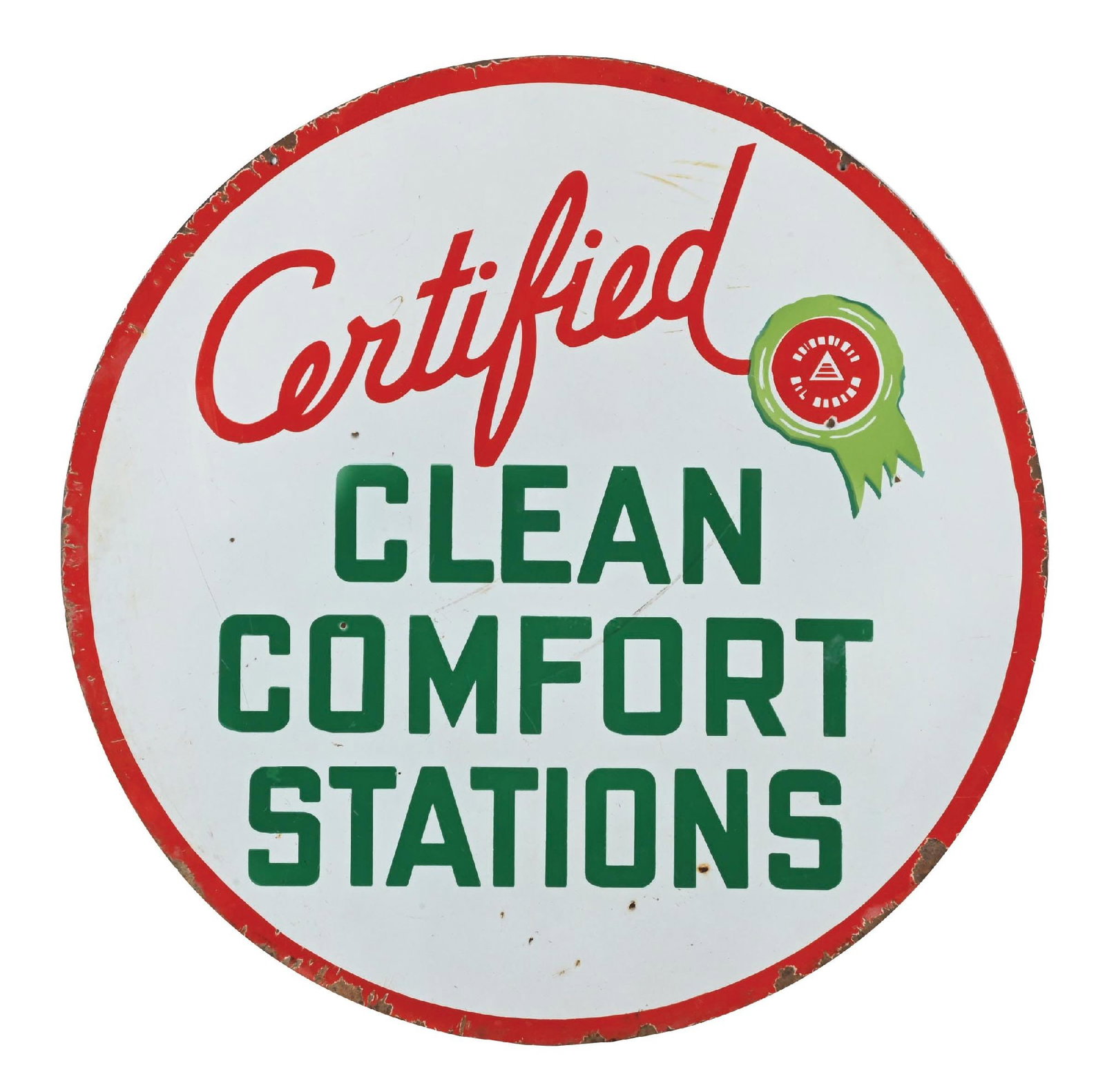 ASSOCIATED CLEAN COMFORT STATIONS PORCELAIN SIGN: DSP. C. 1930s. CONDITION: Each side showing very good color and gloss throughout with minimal nicks to the field, as well as some areas of surface scratching. Light mounting hole wear with moderate ch