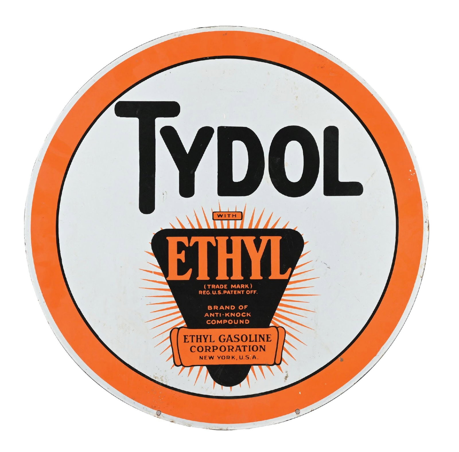 TYDOL ETHYL GASOLINE PORCELAIN SIGN: DSP. C. 1930s. CONDITION: Each side showing excellent color and gloss with no field chipping, showing some minor areas of light surface scratches. Sign shows some minimal mounting hole wear with minor
