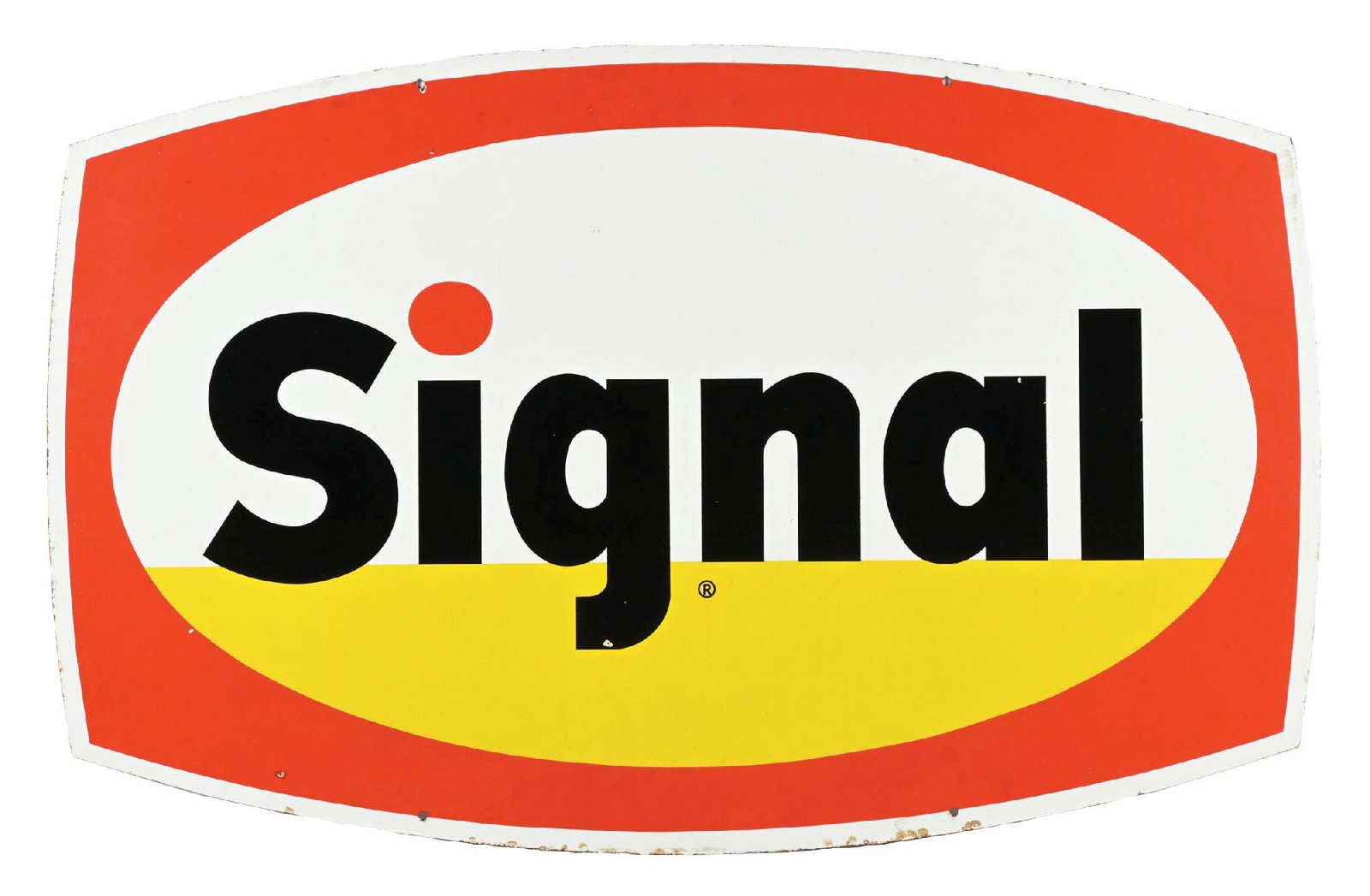 SIGNAL GASOLINE PORCELAIN SIGN: DSP. C. 1960s. CONDITION: Sign showing outstanding color and gloss on each side with bright color and script throughout. Side one showing only minimal surface scratches in the field with some minimal 