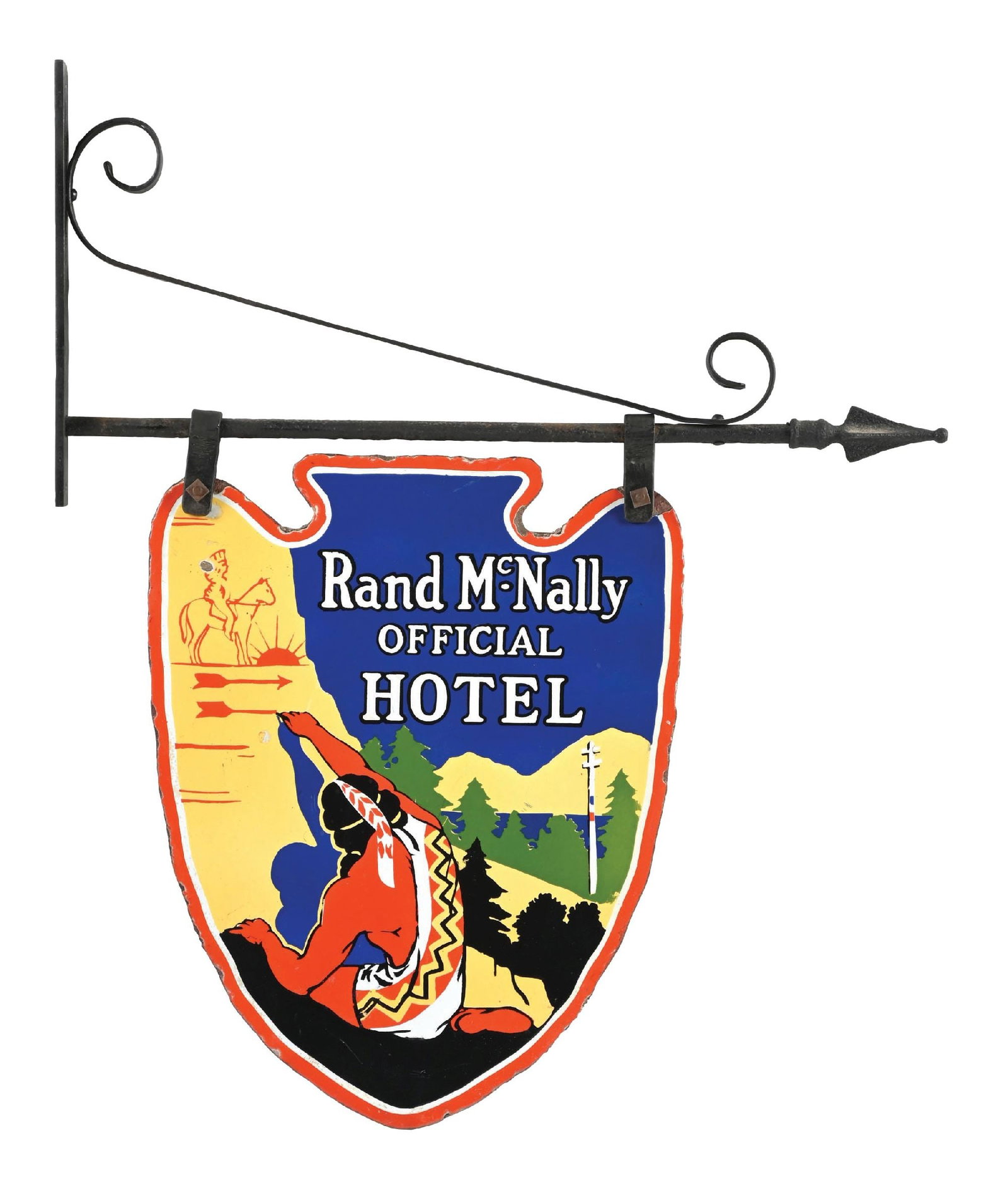 RARE RAND MCNALLY OFFICIAL HOTEL PORCELAIN SIGN W/ ORIGINAL HANGER: DSP. C. 1930s. CONDITION: Sign shows excellent color and gloss throughout the field of each side, with each field showing only minor surface scratches as well as some very minor nicks in the inner and