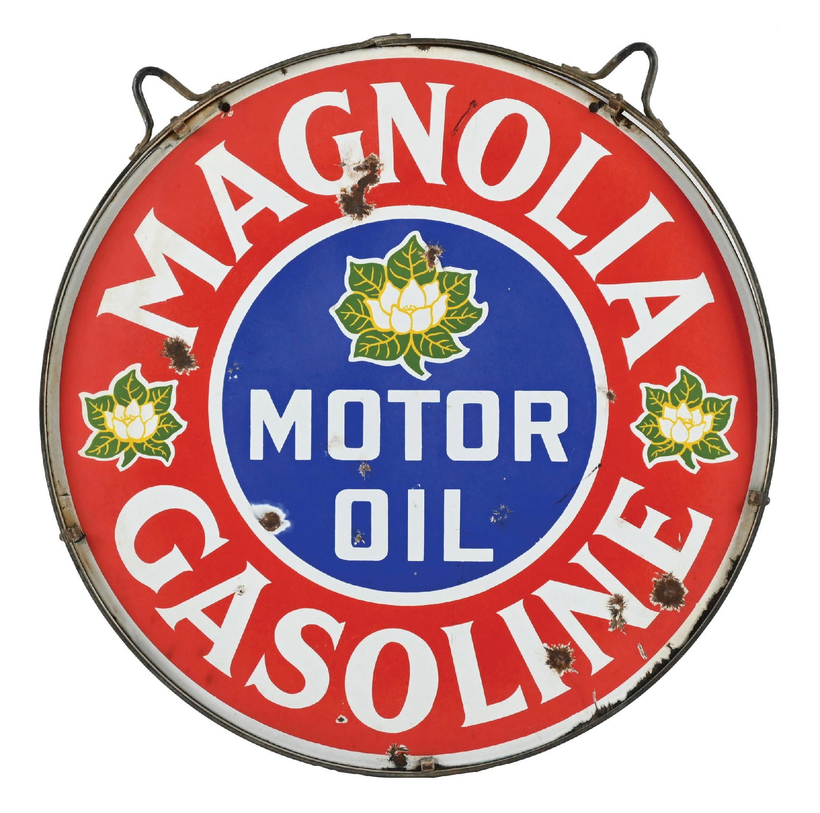 MAGNOLIA GASOLINE & MOTOR OIL PORCELAIN SIGN WITH ORIGINAL RING (1 of 2)