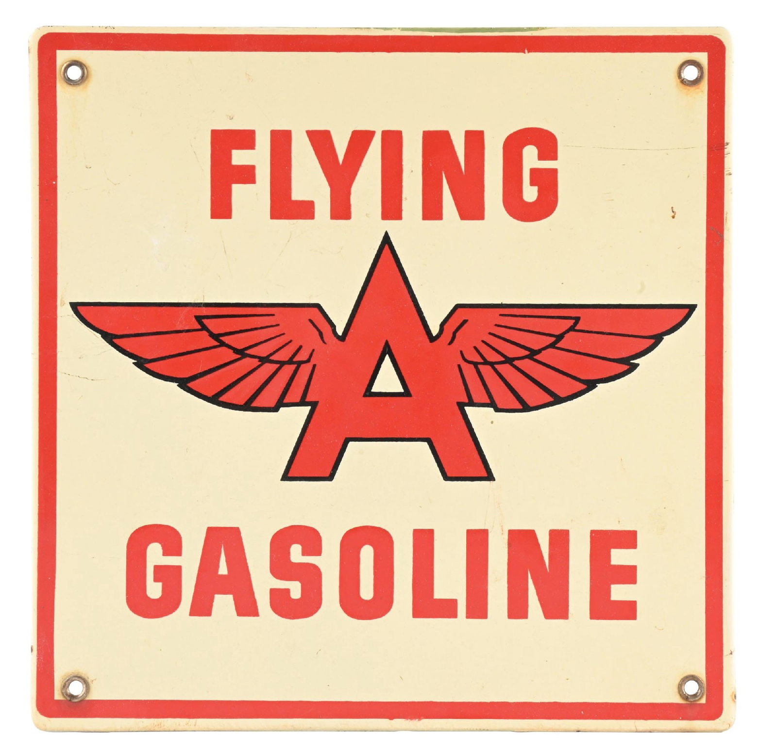 FLYING A GASOLINE PORCELAIN PUMP PLATE SIGN.: SSP. C. 1940s. CONDITION: Excellent color and gloss throughout, showing moderate surface scratches in the field. Light areas of wear at the mounting holes with minimal nicks along the outer edge. An e