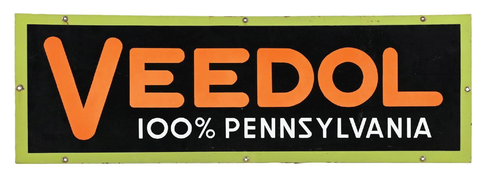 VEEDOL 100% PENNSYLVANIA MOTOR OIL PORCELAIN SIGN: SSP. C. 1930s. CONDITION: Excellent color and gloss throughout, with no field chipping, but does show areas of surface scratching in the fields. Light mounting hole chips with minimal wear along the o