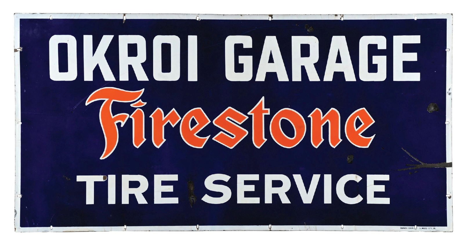 FIRESTONE TIRE SERVICE OKROI GARAGE PORCELAIN SIGN: SSP. C. 1920s. Marked Beaver Enamel. CONDITION: Excellent color and gloss throughout, showing minor surface scratches in the field, as well as some areas of chipping in the outer fields and along the 