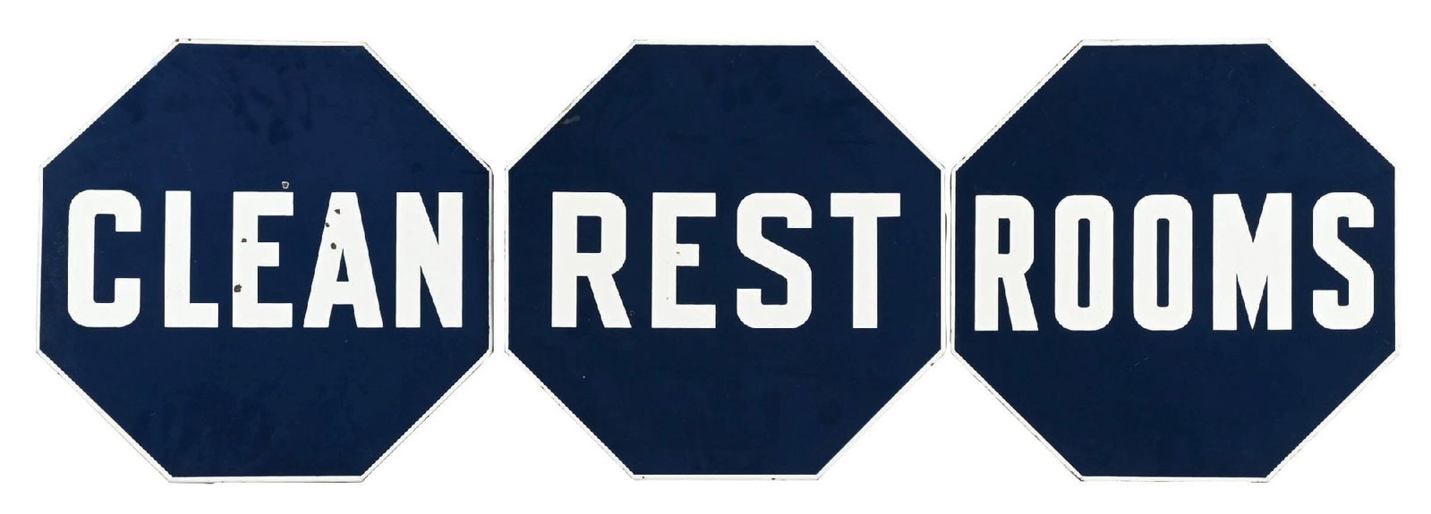 MOBIL CLEAN RESTROOMS THREE-PIECE PORCELAIN SIGN (1 of 2)