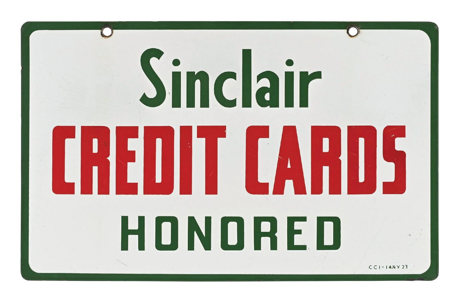 SINCLAIR CREDIT CARDS HONORED PORCELAIN SIGN: DSP. C. 1950s. CONDITION: Sign shows outstanding color and gloss throughout both sides, with the fields of each side showing no chipping. Side two showing light surface scratches in the field, with ea