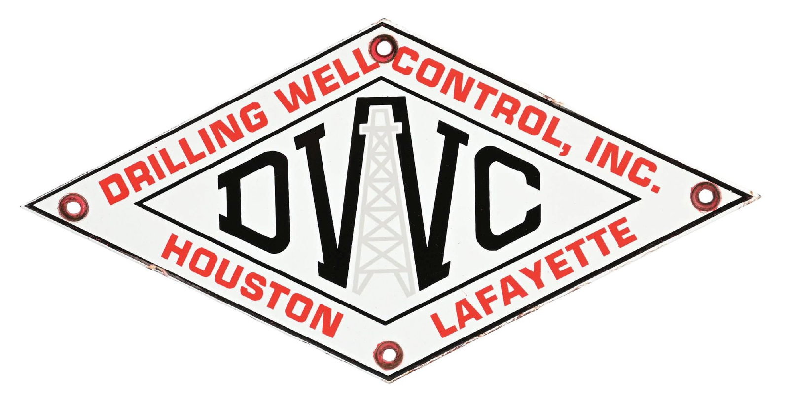 DRILLING WELL CONTROL INC. PORCELAIN SIGN W/ OIL DERRICK GRAPHIC (1 of 2)