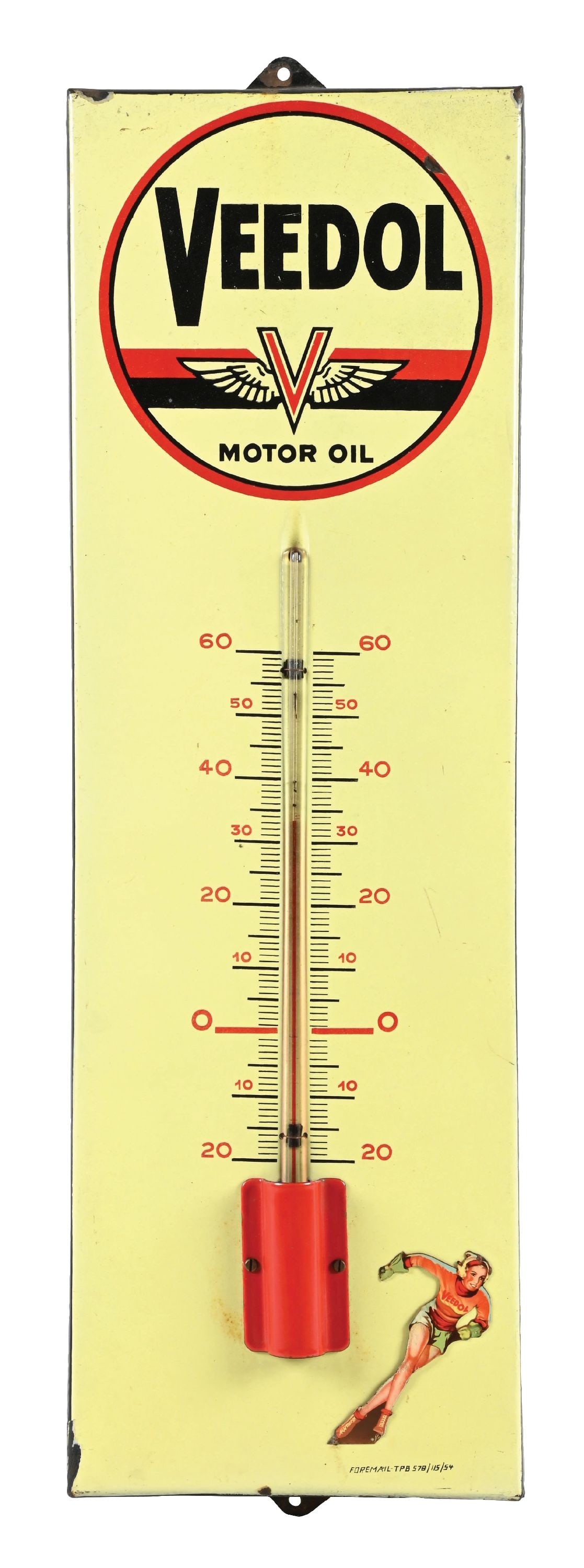 VEEDOL MOTOR OIL PORCELAIN THERMOMETER: SSP. C. 1950s. CONDITION: Very good color and gloss throughout, showing minor areas of surface scratching in the field. Tube is intact and in working condition with porcelain cradle. Light chips along
