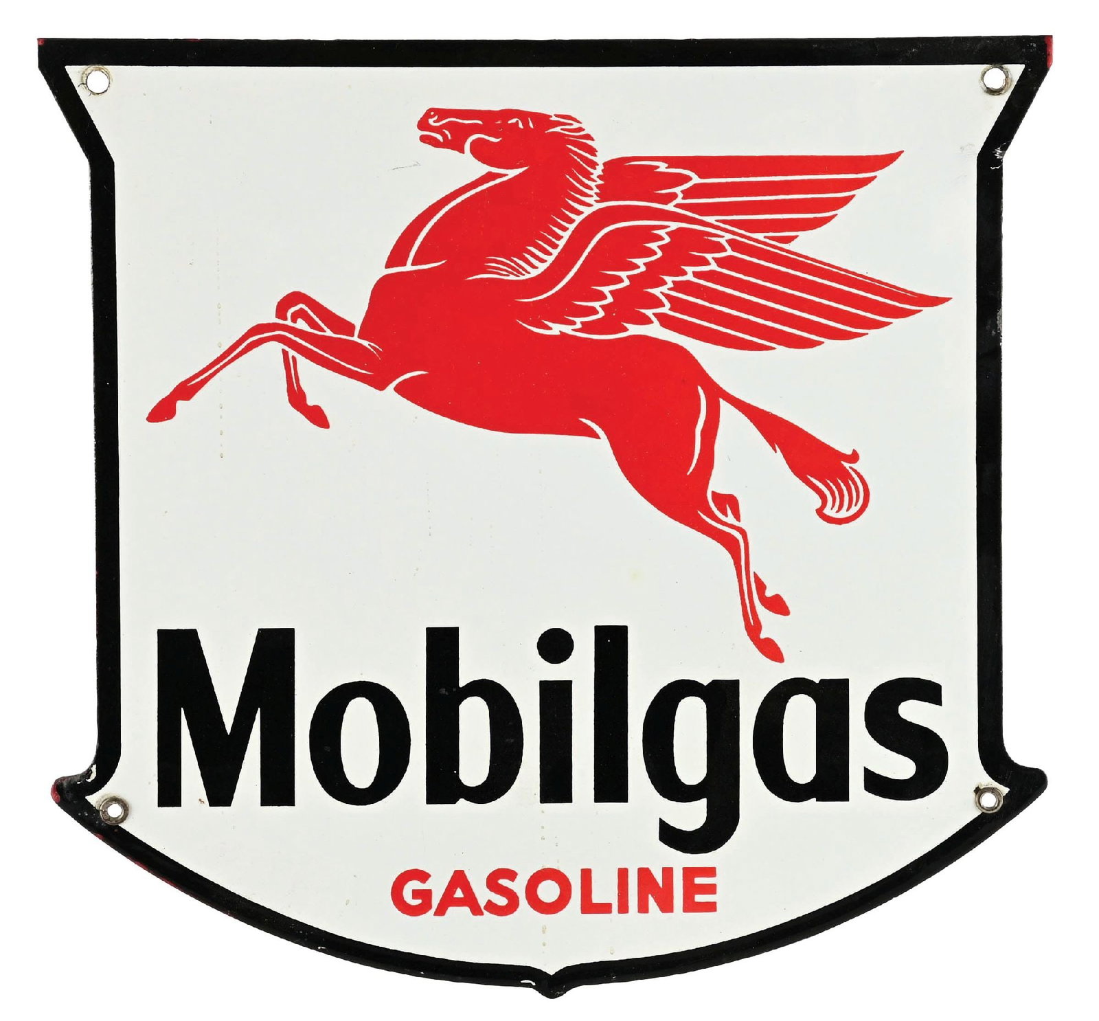 MOBILGAS GASOLINE PORCELAIN PUMP PLATE SIGN WITH PEGASUS GRAPHIC: SSP. CONDITION: Excellent color and gloss throughout showing minimal areas of light surface wear in the fields. Minimal mounting hole wear with light nicks along the outer edge. An excellent example. 