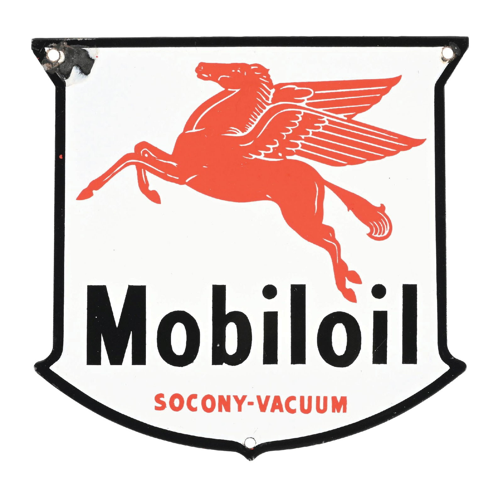 MOBILOIL PORCELAIN BOTTLE RACK SIGN WITH PEGASUS GRAPHIC: SSP. C. 1950s. CONDITION: Excellent color and gloss throughout, showing clean field with excellent condition graphic. Areas of chipping at the upper mounting holes with light wear along the outer edge