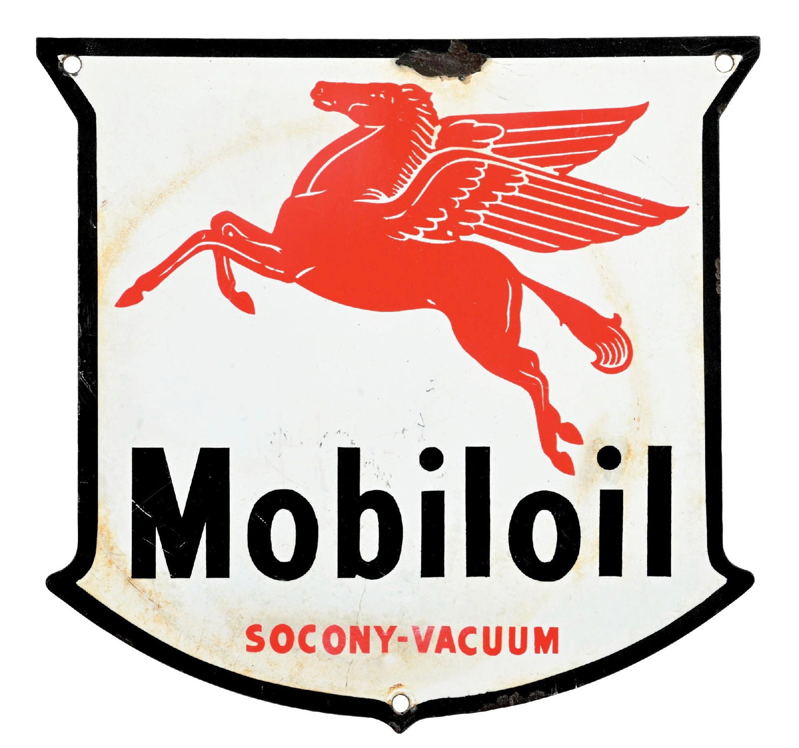 MOBILOIL PORCELAIN BOTTLE RACK SHIELD SIGN WITH PEGASUS GRAPHIC: SSP. C. 1950s. CONDITION: Sign shows very good color and gloss with some minor age staining and surface scratches present. Chipping at the upper edge with minimal mounting hole wear. Condition: (8.0).