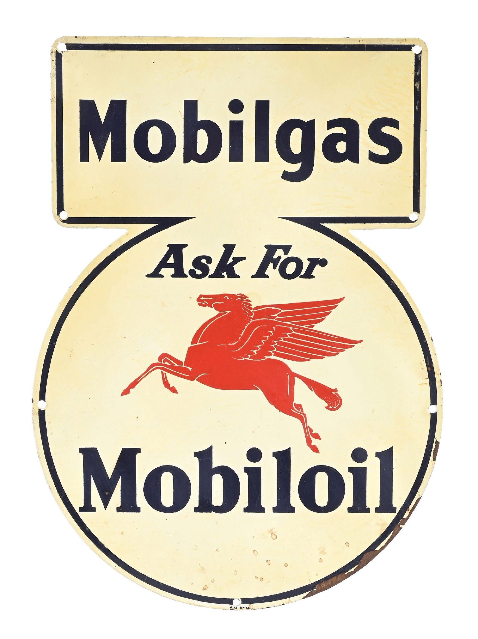 MOBILGAS ASK FOR MOBILOIL TIN PUMP PLATE SIGN: SST. Maker marked A.M. and Dated 1941. CONDITION: Overall good color and gloss throughout the field, showing minor surface scratching, as well as some age spotting and wax paper marks. Paint loss alon