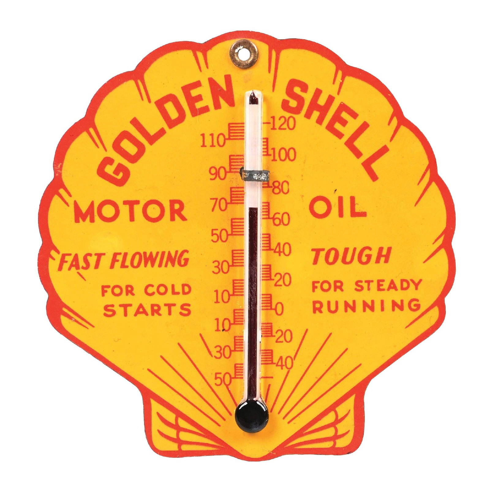 RARE GOLDEN SHELL MOTOR OIL TIN THERMOMETER: SST. C. 1930s. CONDITION: Excellent color and gloss throughout, showing minimal areas of light surface spotting with minimal storage wear, but overall brilliant. Thermometer is in working condition wi