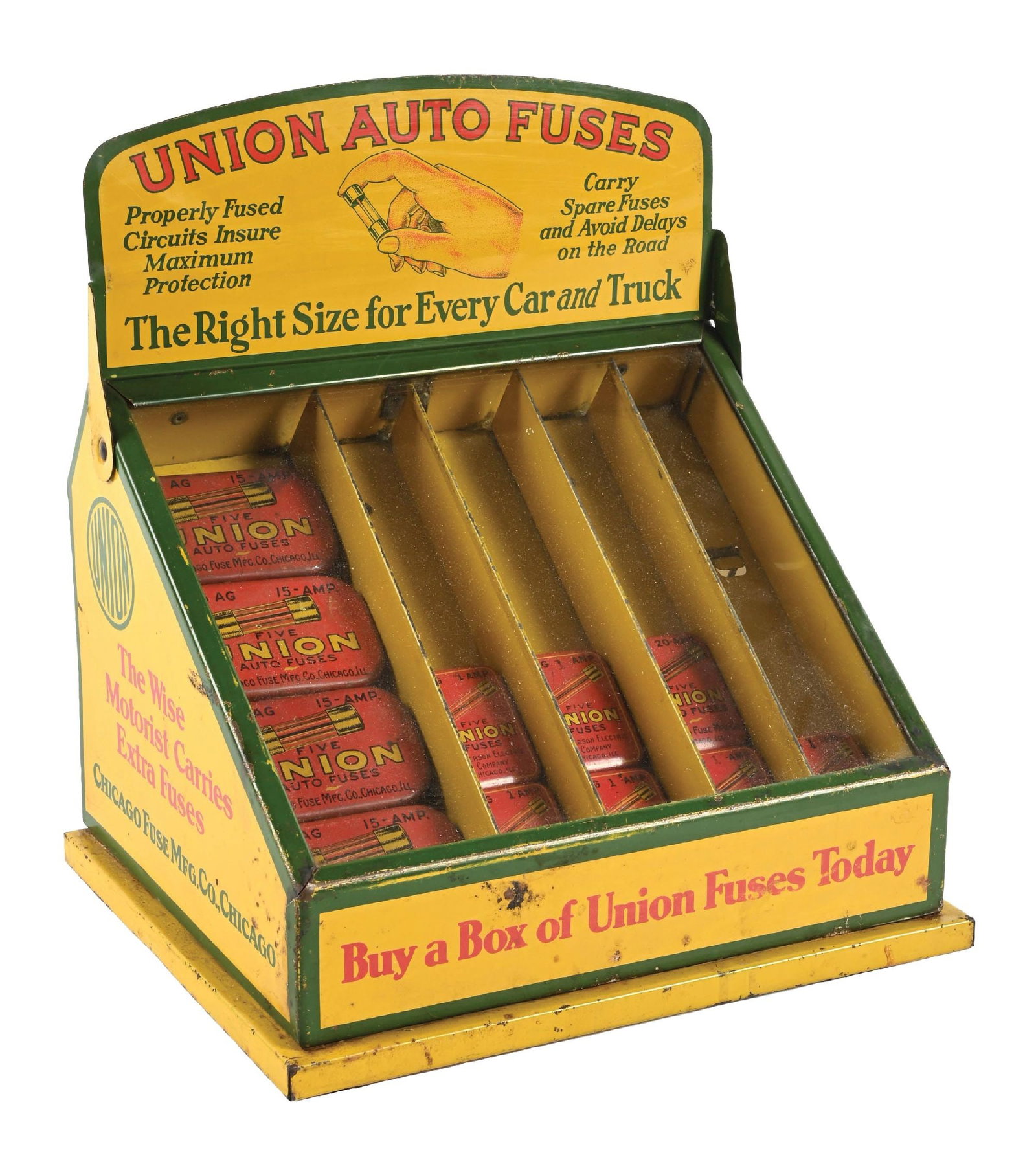 UNION AUTO FUSES COUNTERTOP TIN & GLASS DISPLAY CASE WITH TINS (1 of 4)