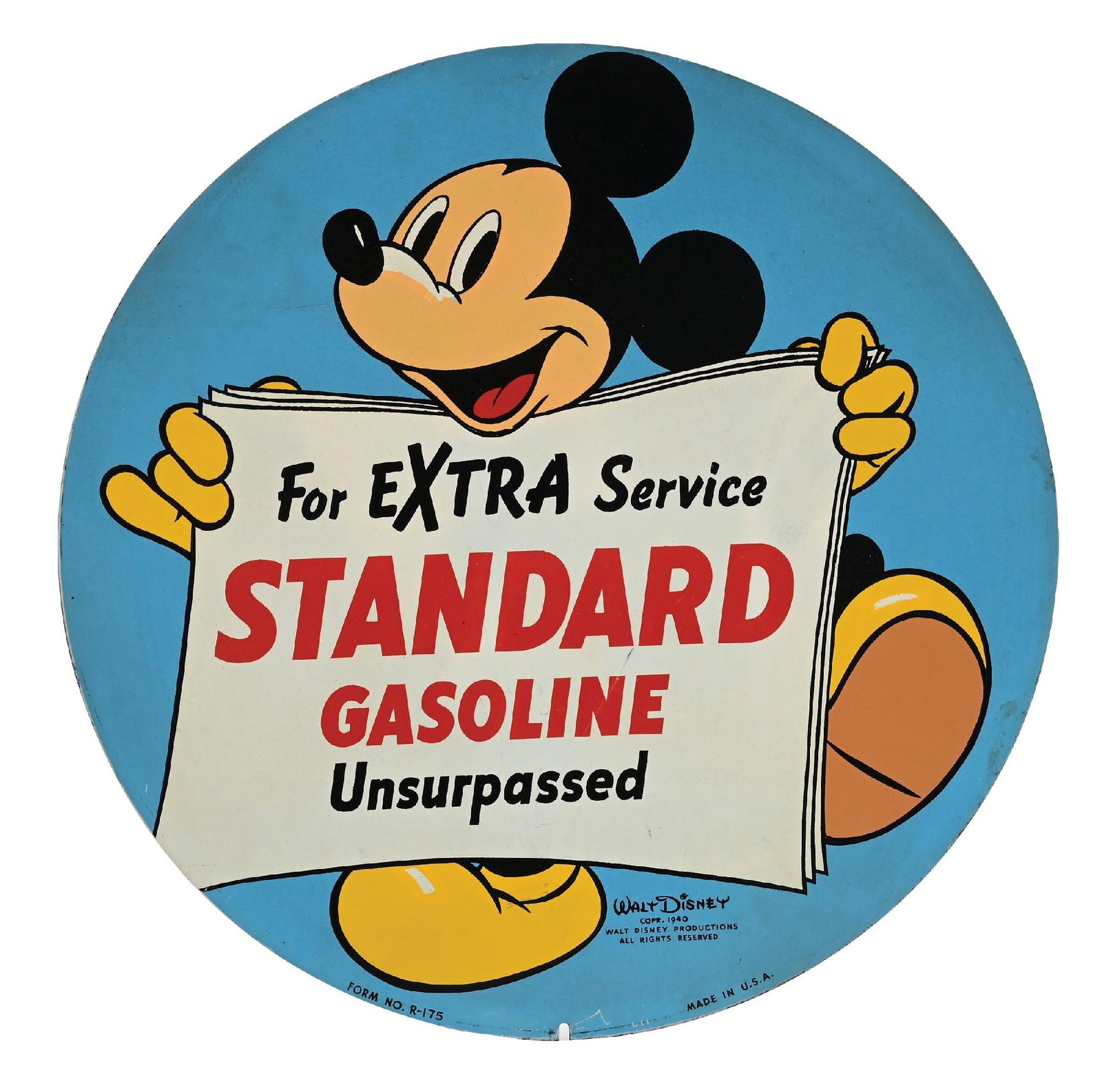 STANDARD GASOLINE TIN TAXI CAB TIRE INSERT SIGN W/ MICKEY MOUSE GRAPHIC (1 of 3)