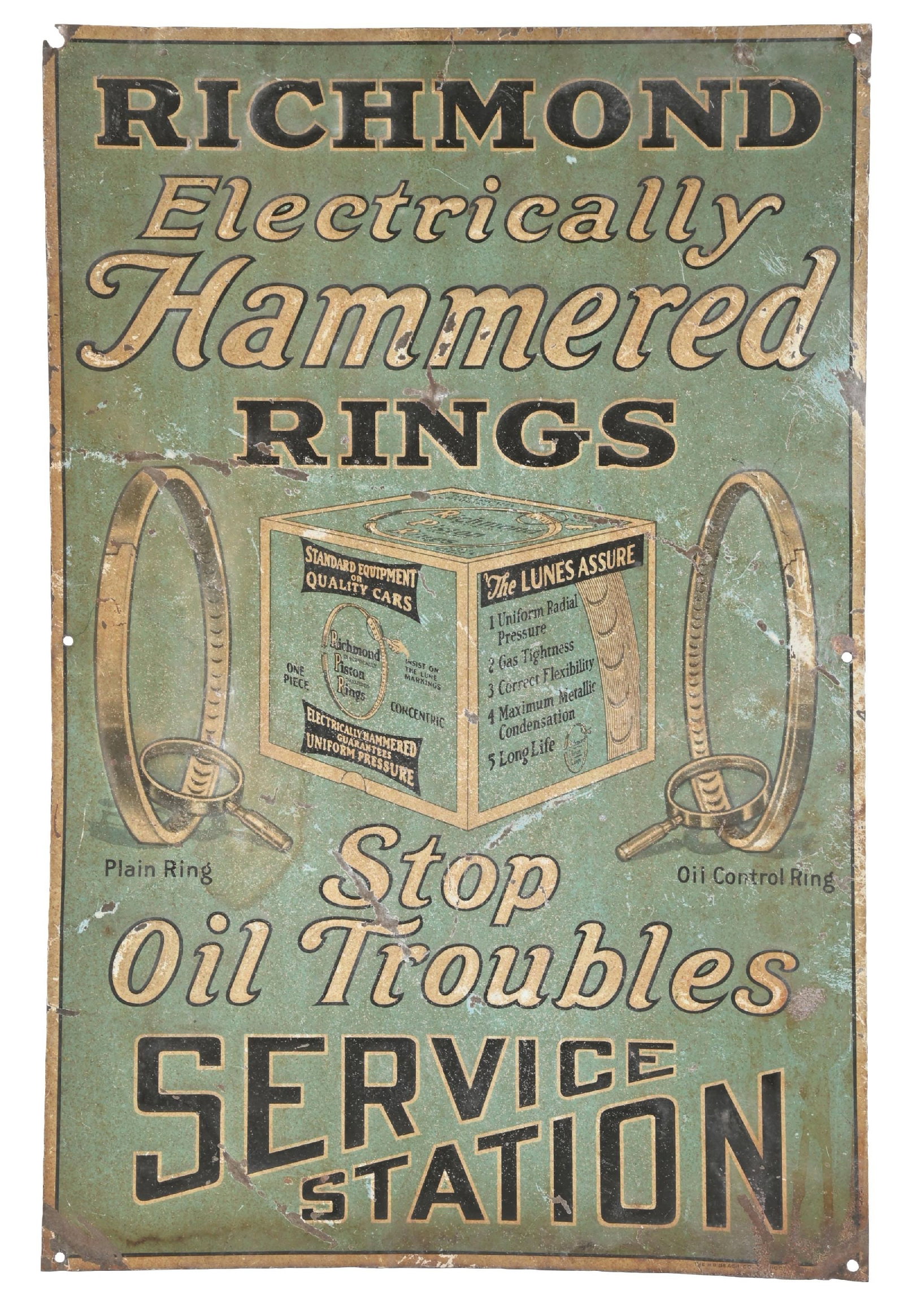 RICHMOND ELECTRICALLY HAMMERED RINGS EMBOSSED TIN SERVICE STATION SIGN (1 of 2)