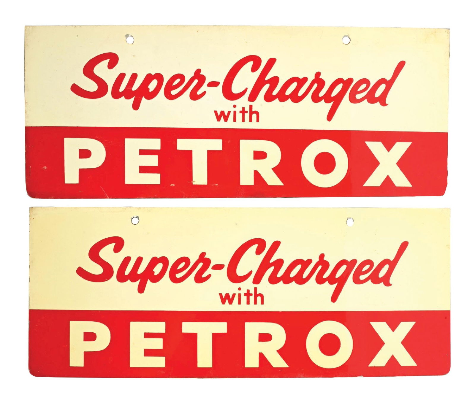COLLECTION OF 2: TEXACO SUPER-CHARGED WITH PETROX TIN ATTACHMENT SIGNS (1 of 2)