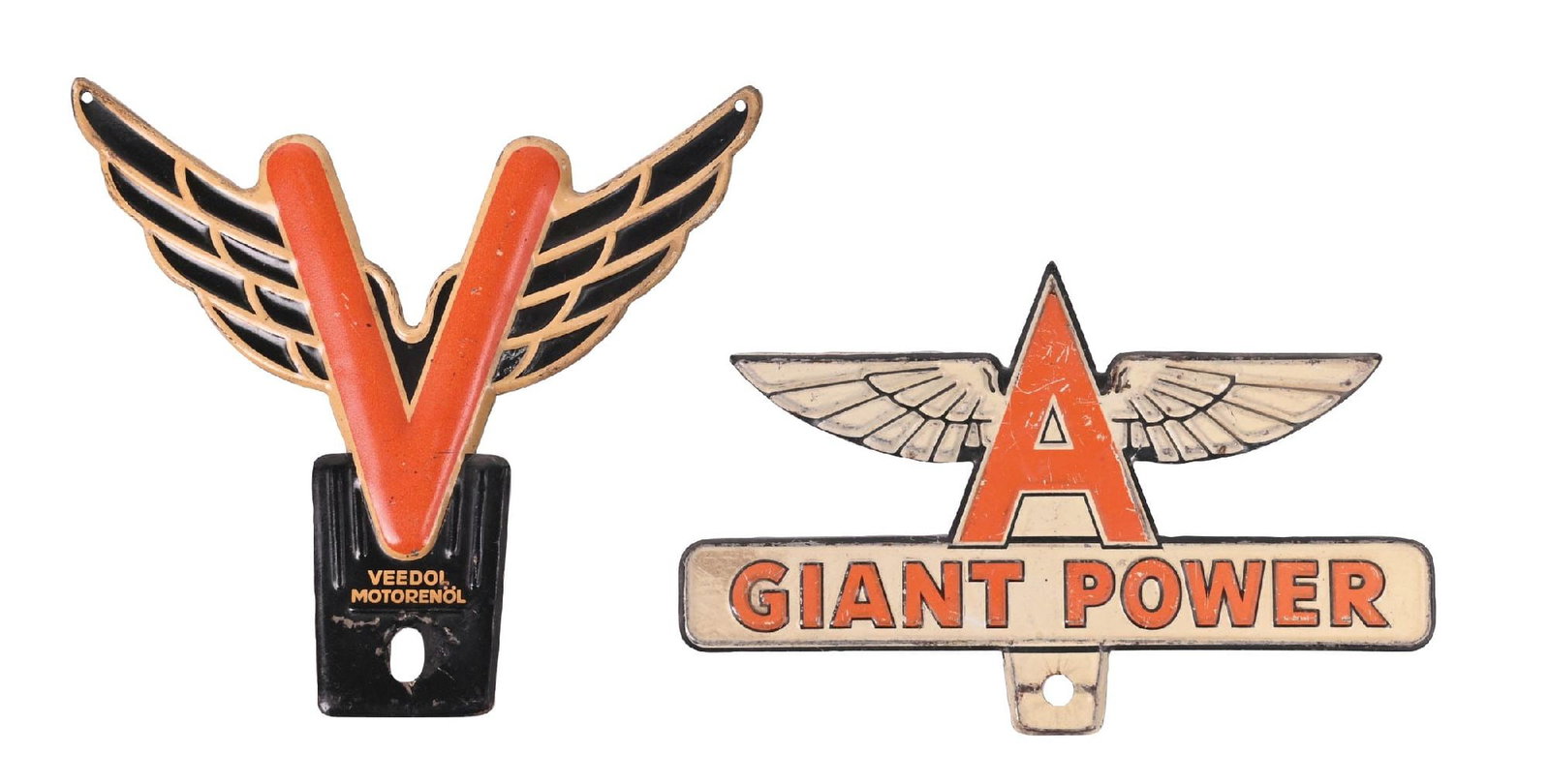 COLLECTION OF 2: VEEDOL AND FLYING A EMBOSSED TIN LICENSE PLATE TOPPERS (1 of 2)