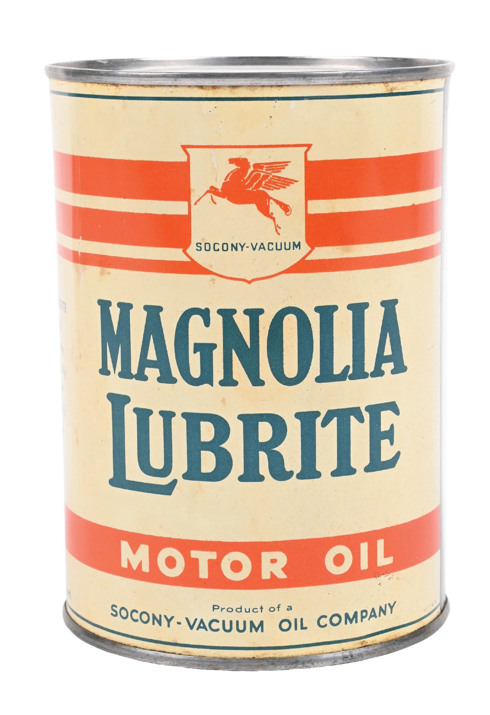 MAGNOLIA LUBRITE MOTOR OIL ONE QUART CAN W/ PEGASUS GRAPHIC: One Quart Can. C. 1930s. CONDITION: Can showing excellent color and gloss throughout, with minimal areas of light age and surface wear. Excellent condition Pegasus graphic on each side with excellent 