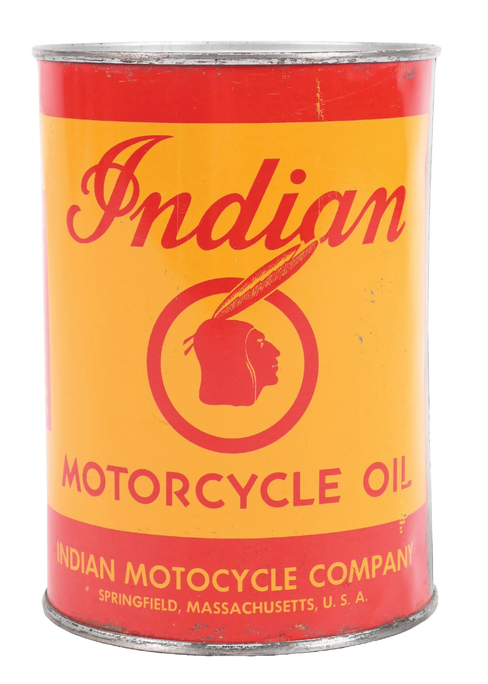 INDIAN MOTORCYCLE MOTOR OIL ONE QUART CAN: One Quart Can. C. 1950s. CONDITION: Excellent color and gloss, showing minor paint nicks in the outer fields on each side. Minimal areas of light rim wear present. Seam in excellent condition. Can is 