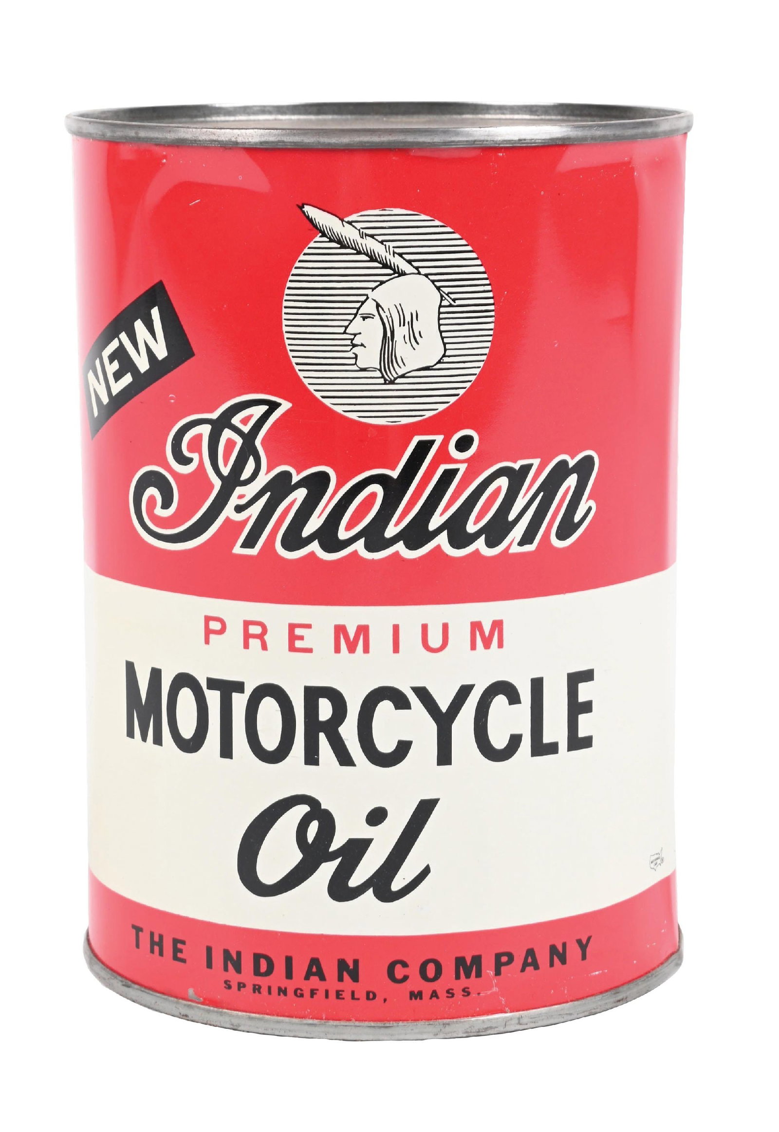NEW INDIAN PREMIUM MOTORCYCLE OIL ONE QUART CAN: One Quart Can. C. 1950s. CONDITION: Excellent color and gloss throughout, showing minor areas of scattered denting near the rims. Rims are in excellent condition, showing light dents. Can is full. A b