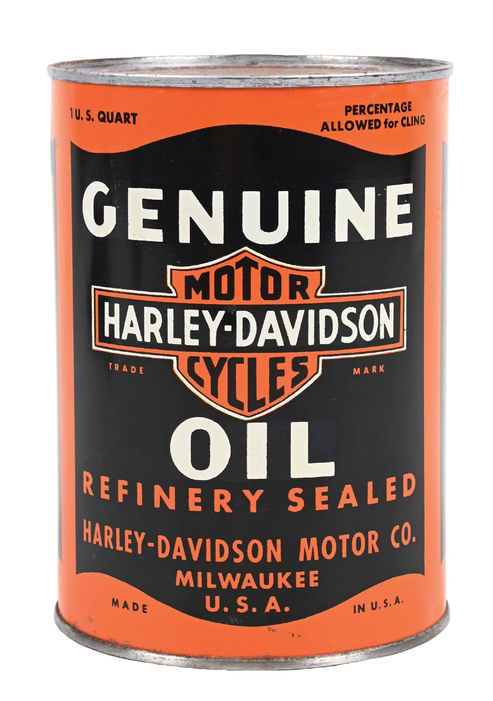 HARLEY-DAVIDSON MOTORCYCLES MOTOR OIL ONE QUART CAN: One Quart Can. C. 1950s. CONDITION: Very good color and gloss, showing minor areas of light surface wear from storage. Can shows a light dent at the upper-left edge near the rim. Rims are in excellent