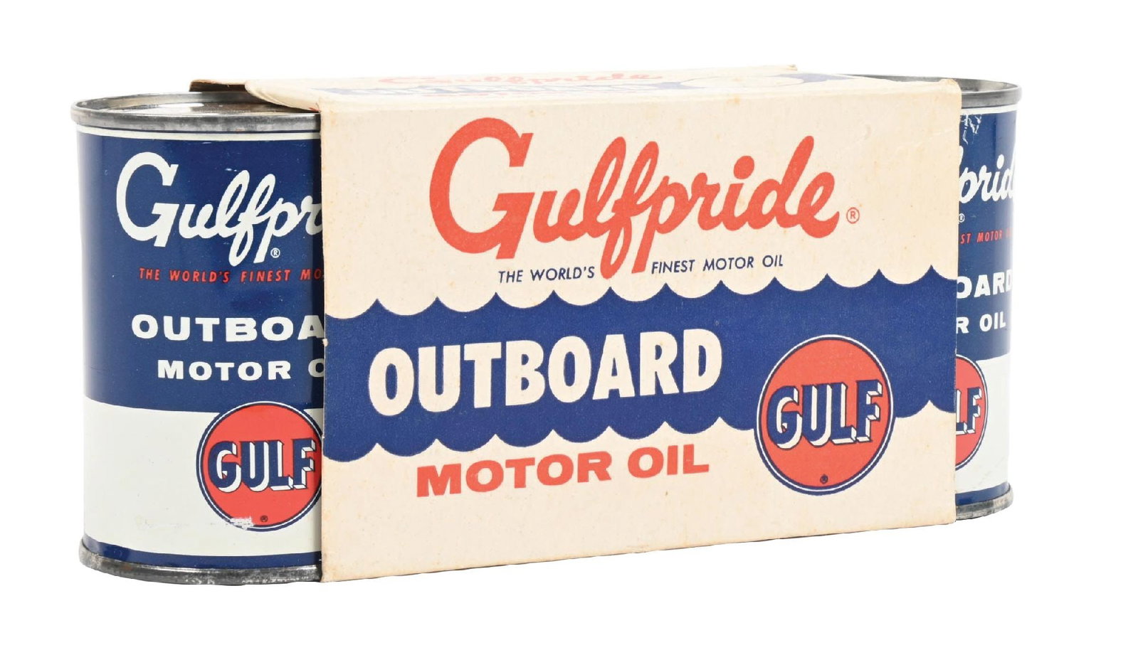 GULFPRIDE OUTBOARD MOTOR OIL N.O.S. CAN SET W/ CARDBOARD DISPLAY (1 of 4)