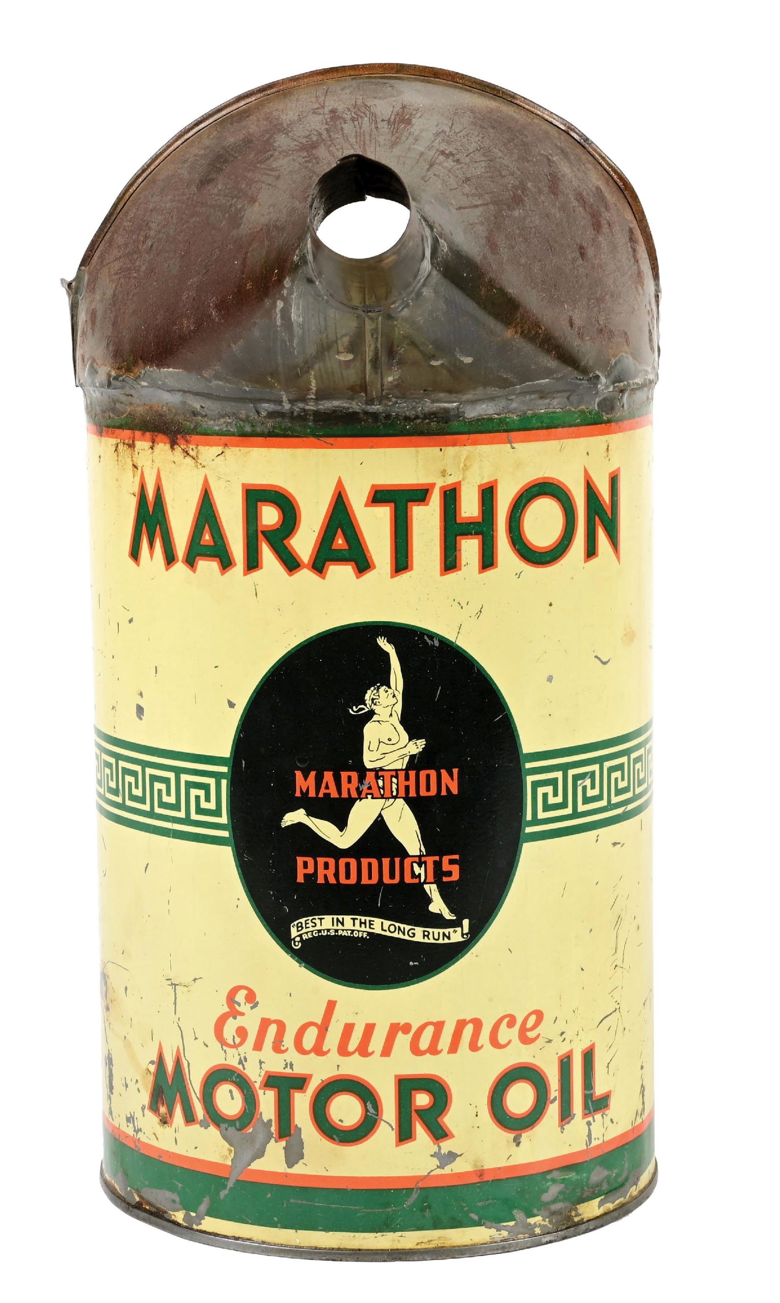 MARATHON MOTOR OIL FIVE QUART FOLK ART OIL CAN: Original Marathon Motor Oil Five Quart Can showing added spout and handle, service station made. CONDITION: Excellent color throughout, showing areas of scratching and wear, giving the piece a nice ev
