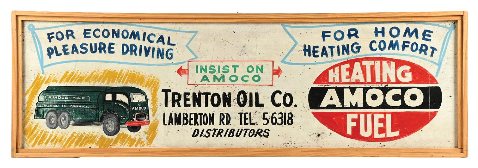 TRENTON OIL CO. FOR AMOCO HEATING FUEL PAINTED WOOD SIGN WITH FRAME (1 of 2)