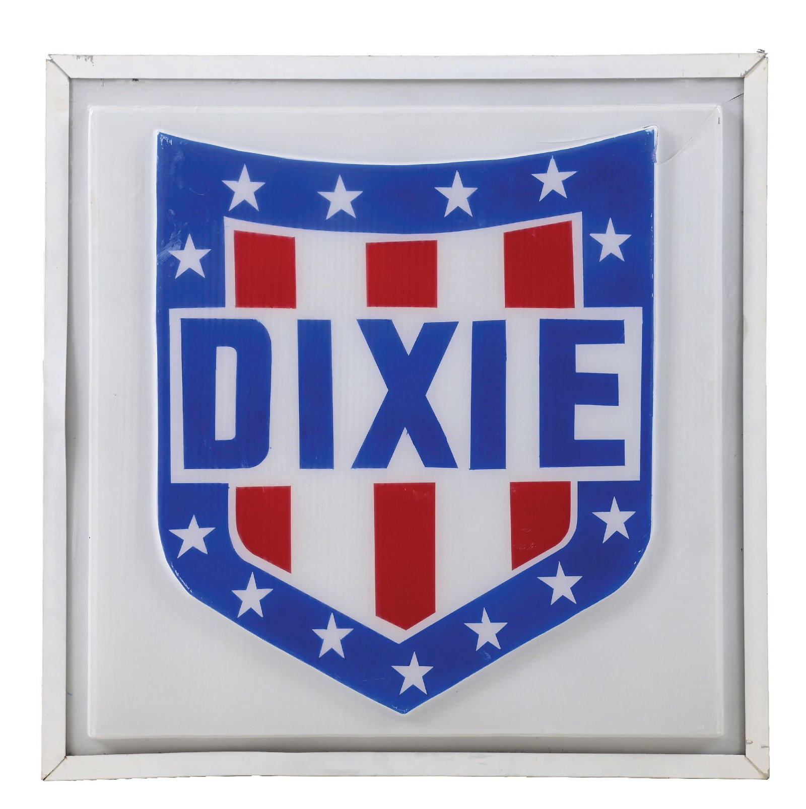 DIXIE GASOLINE EMBOSSED PLASTIC SHIELD LIGHT-UP SIGN: Single-Sided Embossed Plastic Light Up Face mounted original metal can. C. 1960s. CONDITION: showing excellent color and gloss throughout with minimal wear to the field. Sign lights up nicely and is m