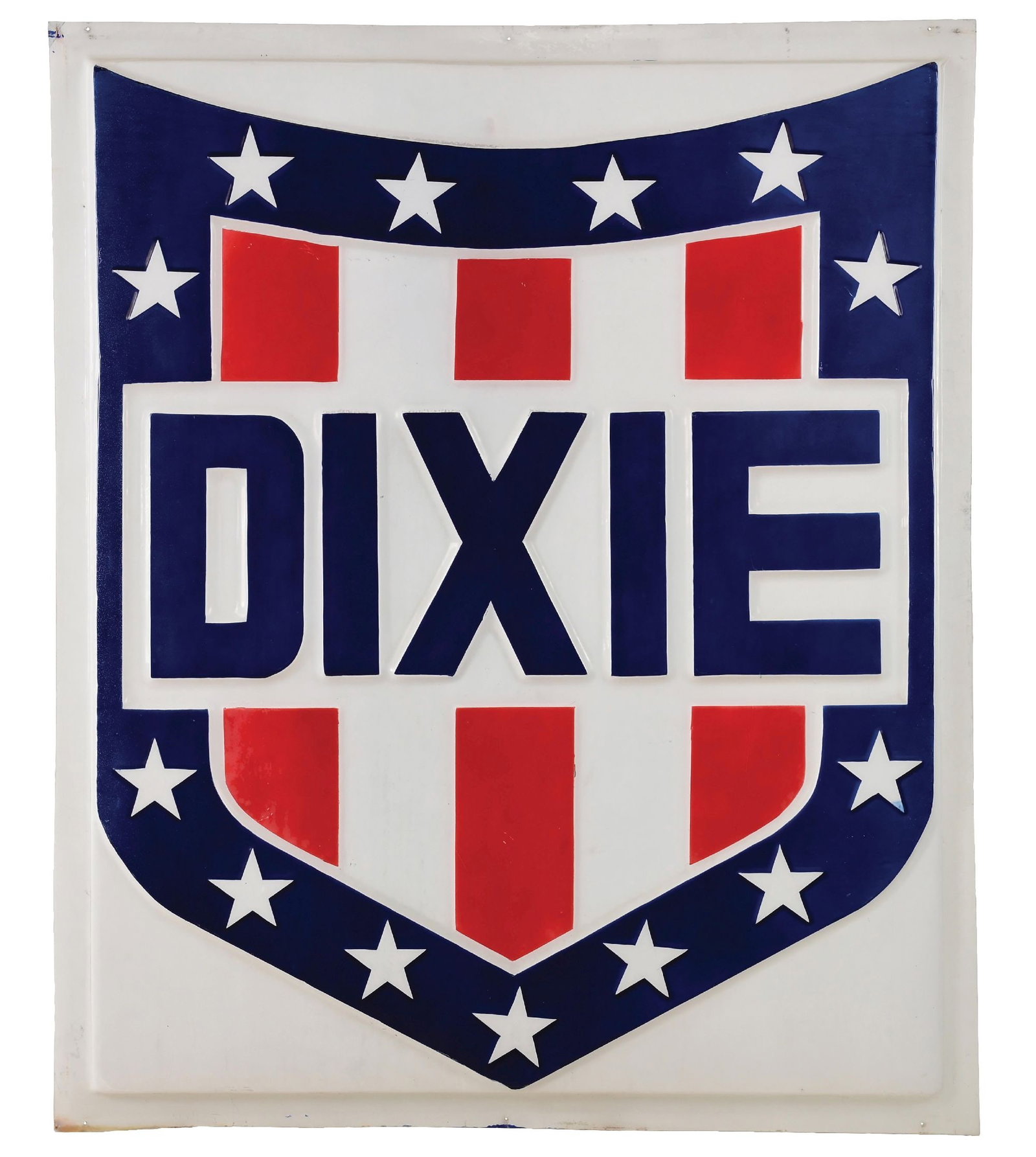 DIXIE GASOLINE EMBOSSED PLASTIC SERVICE STATION SIGN: Single-Sided Embossed Plastic. C. 1960s. CONDITION: Excellent color and shine with minor areas of light surface scratches, as well as a couple spots of light age discoloration. Outer edges showing min