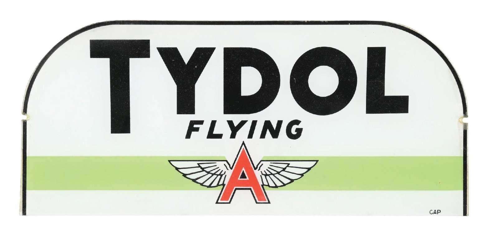 TYDOL FLYING A SHOEBOX AD GLASS PANEL: C. 1940s. CONDITION: Excellent color and gloss throughout, showing minimal surface wear in the field. Light wear along the outer edges and at the mounting notches. Condition: (8.75+). Dimensions: 13" 