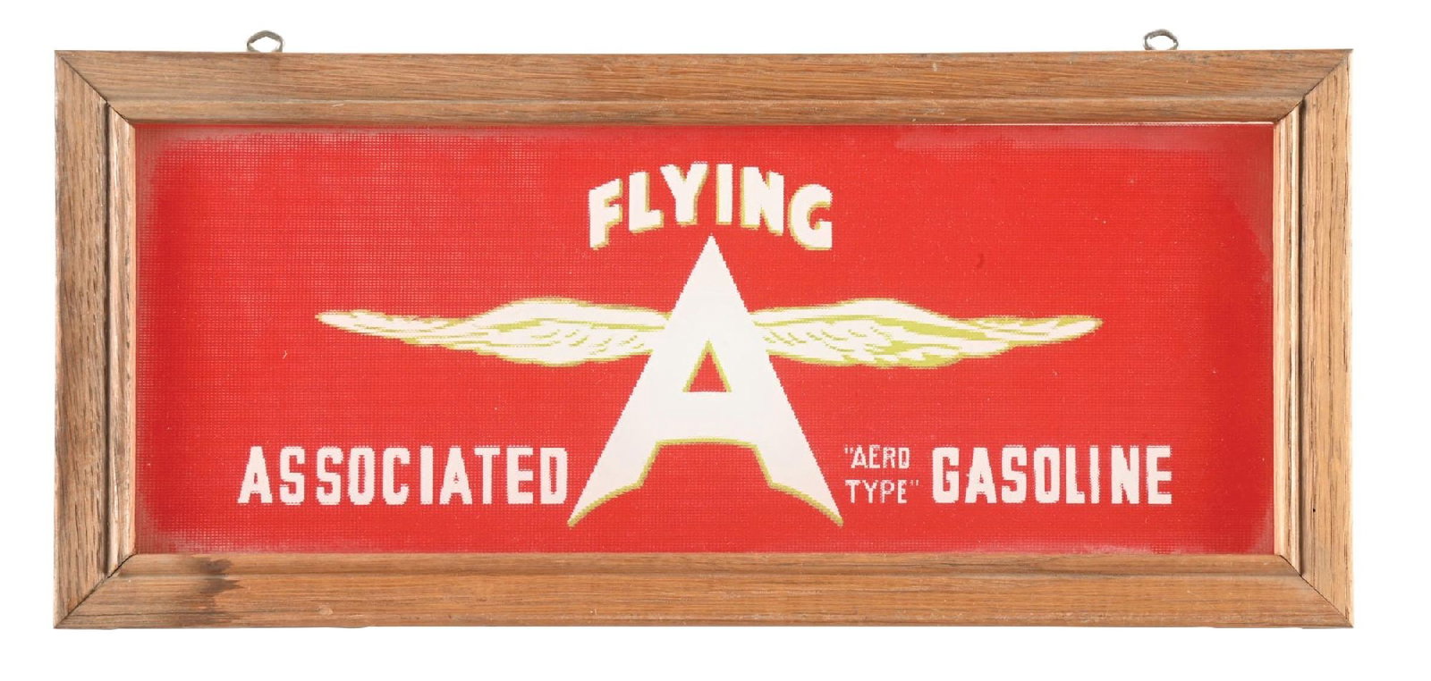FLYING A ASSOCIATED "AERO TYPE" GASOLINE FRAMED AD GLASS PANEL (1 of 2)
