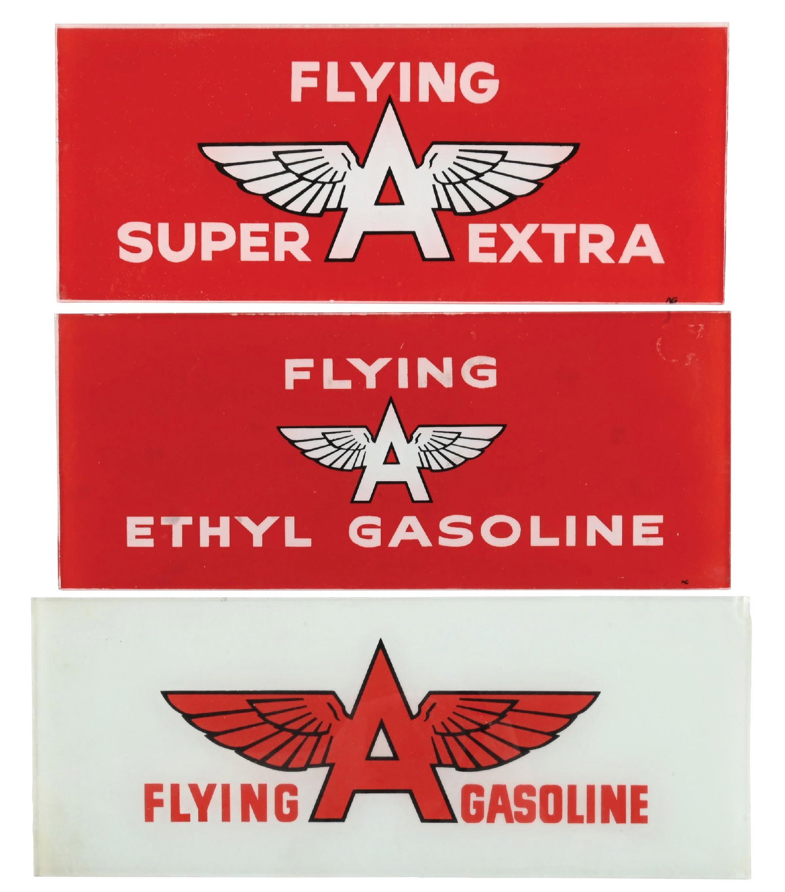 COLLECTION OF 3: FLYING A SUPER EXTRA, ETHYL GASOLINE AND FLYING A GASOLINE AD GLASS PANELS (1 of 4)