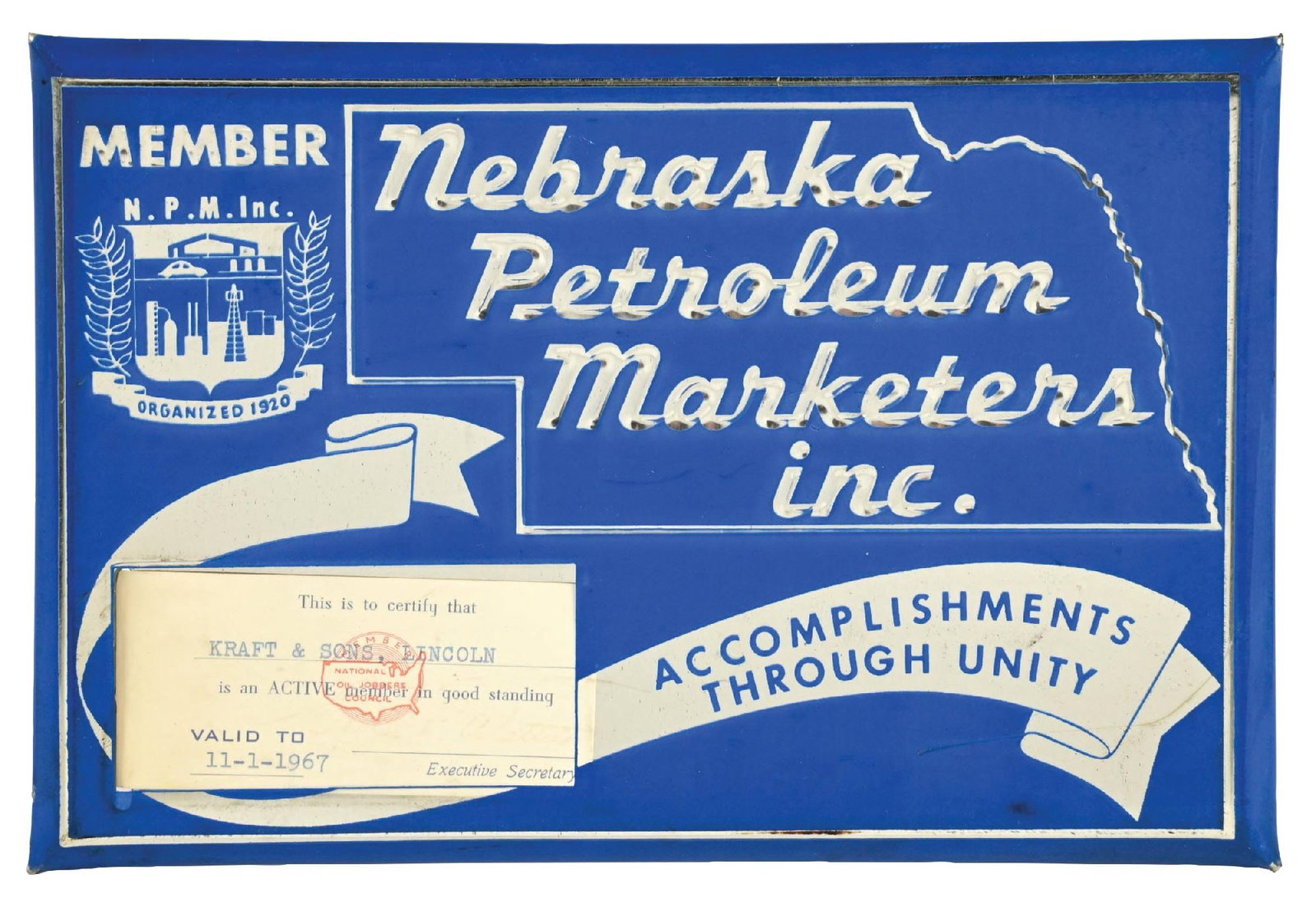 NEBRASKA PETROLEUM MARKETERS CELLULOID DISPLAY SIGN (1 of 2)