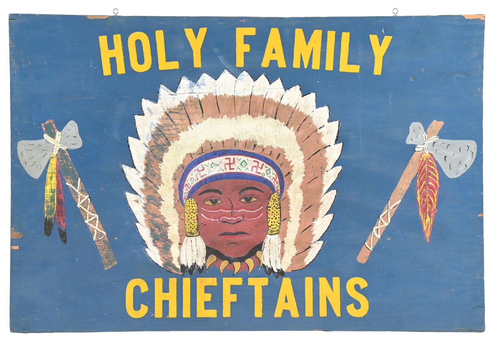 HOLY FAMILY CHIEFTAINS HAND-PAINTED WOOD SIGN W/ NATIVE AMERICAN GRAPHIC: Single-Sided Hand-Painted Wood. C. 1940s. CONDITION: Sign shows outstanding color throughout, with light areas of age and use wear but no notable damage. Sign shows excellent condition Native American
