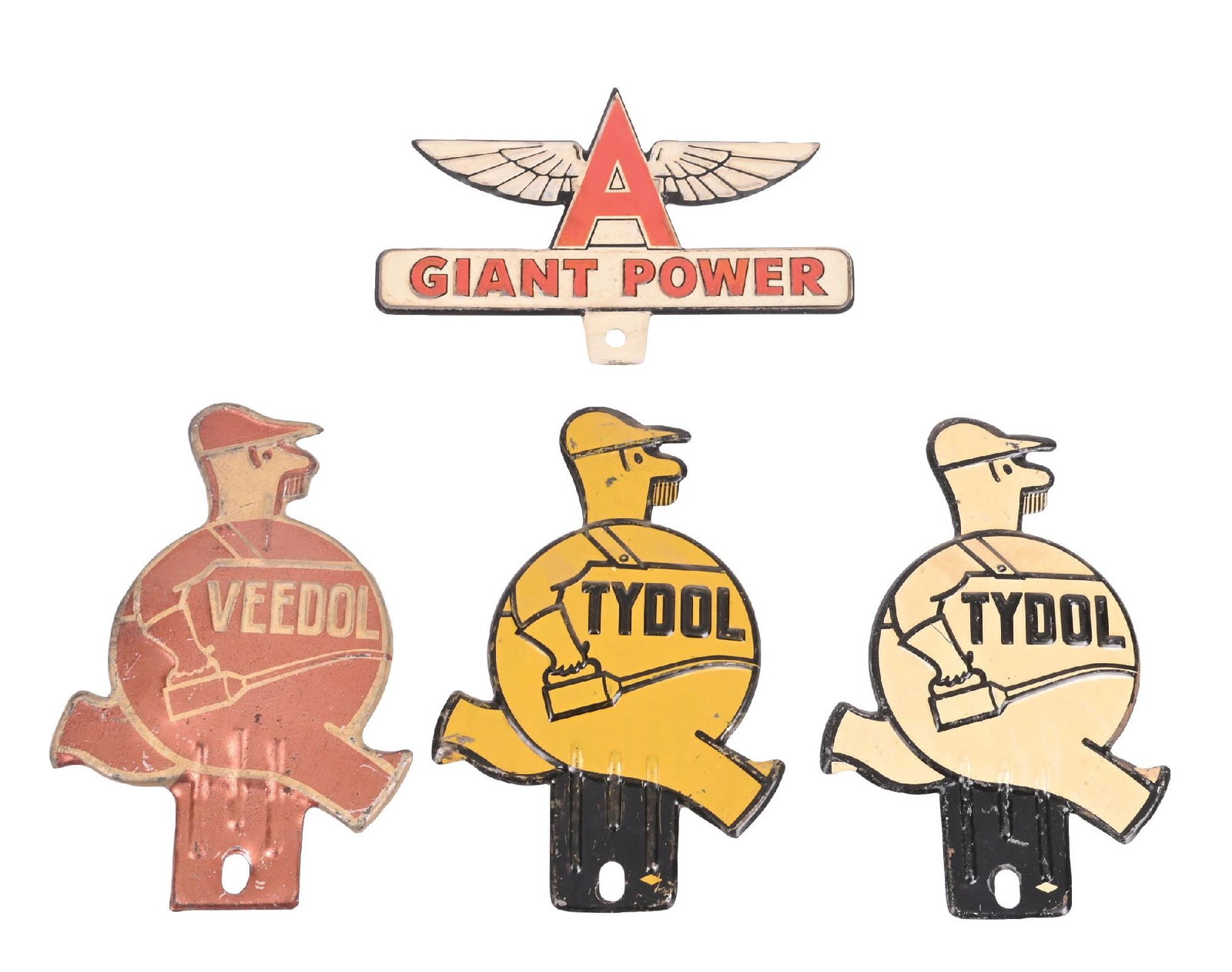 COLLECTION OF 4: VEEDOL, TYDOL AND FLYING A EMBOSSED TIN LICENSE PLATE TOPPERS: Collection Consists of: Four individual License Plate Toppers for Tydol, Veedol and Flying A. CONDITION: Each in good condition, showing average wear and surface scratching, as well as some minor stai