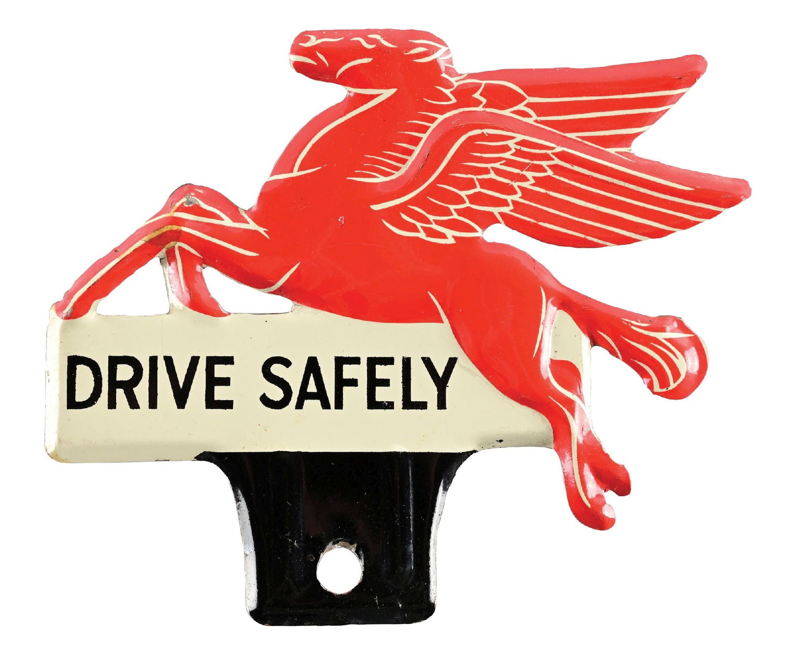 MOBIL DRIVE SAFELY EMBOSSED TIN LICENSE PLATE TOPPER: SST. C. 1940s. CONDITION: Excellent color and gloss throughout, most likely NOS. Light areas of minor wear along the outer edge from storage, but overall outstanding. Condition: (8.75+). Dimensions: 6