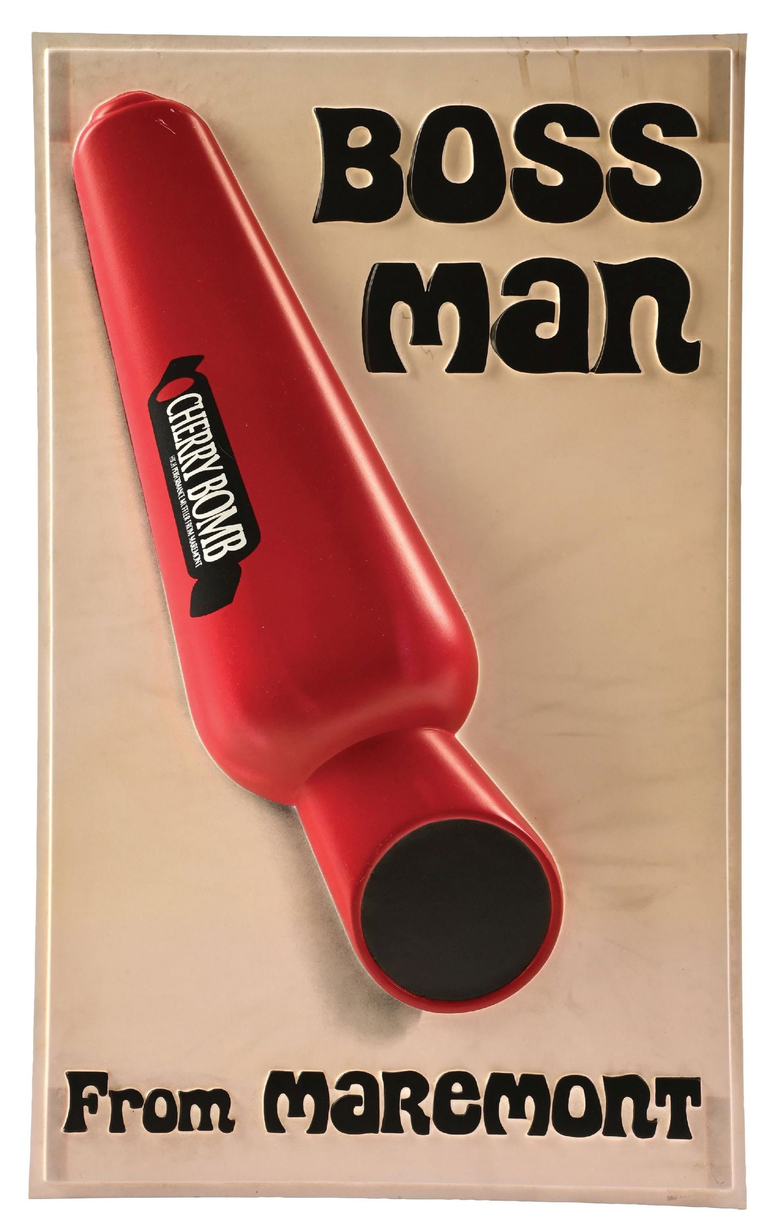 CHERRY BOMB "BOSS MAN FROM MAREMONT" VACUUFORM MUFFLER SIGN: Single-Sided three dimensional vacuuformed plastic sign. CONDITION: Excellent color and gloss throughout, most likely new old stock. Light stains along the outer edges with excellent condition graphic