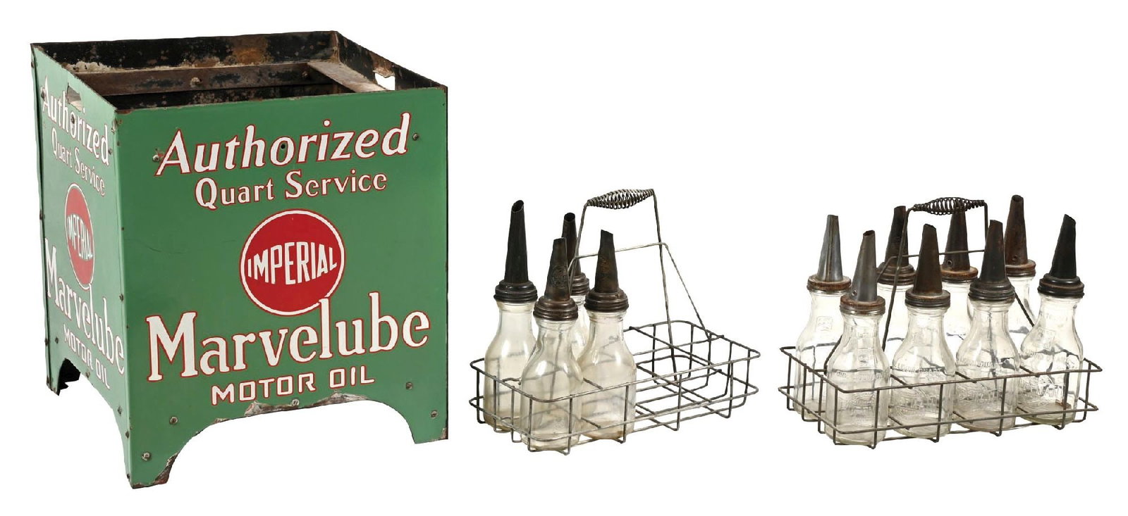 IMPERIAL MARVELUBE MOTOR OIL BOTTLE DISPLAY RACK W/ 12 GLASS BOTTLES (1 of 4)