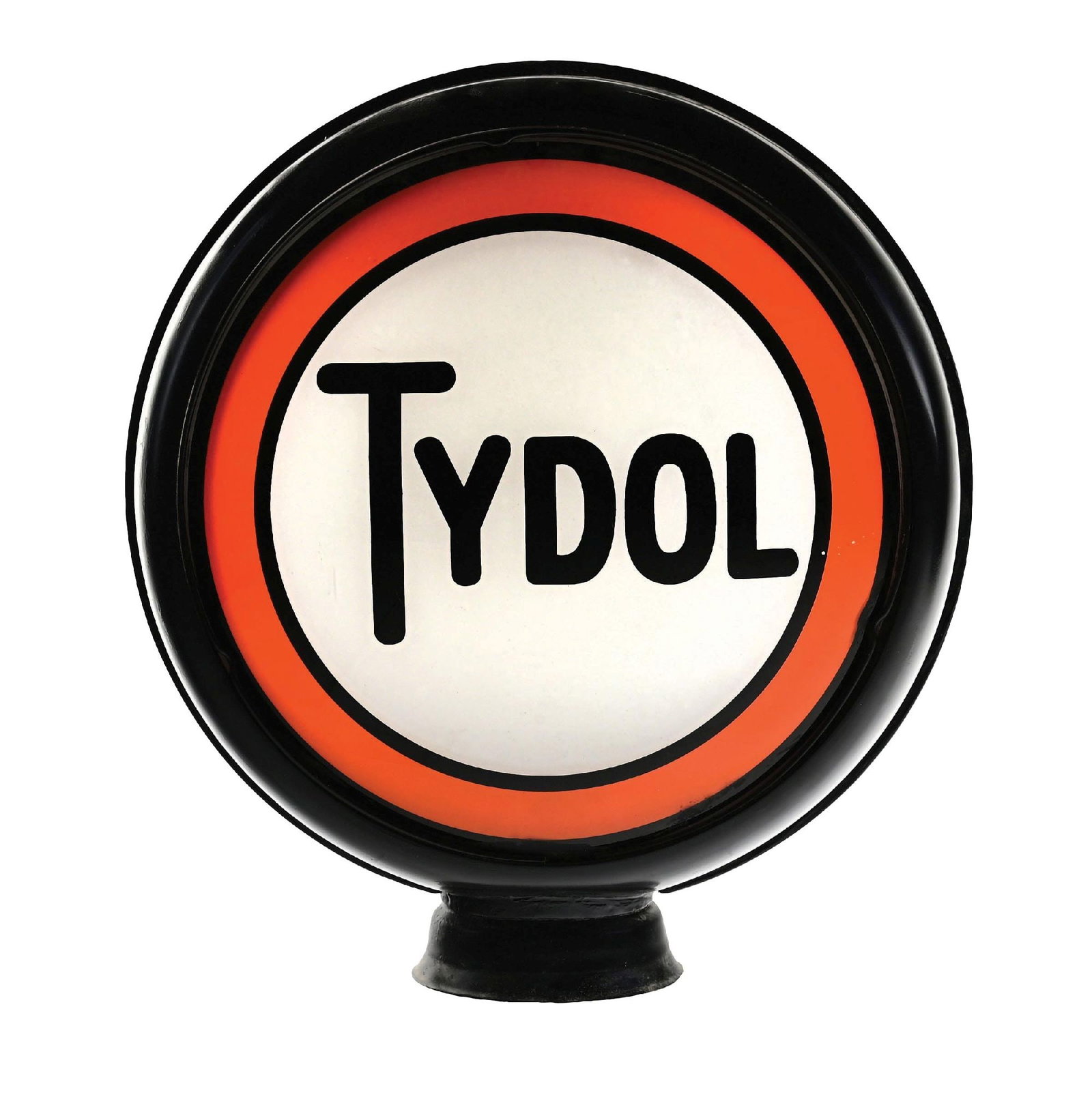 TYDOL GASOLINE COMPLETE 15" GLOBE ON METAL H.P. BODY: Compleet 15" Globe on metal high profile body. CONDITION: Lens one is in excellent condition throughout, showing only light areas of wear with paint remnants along the lower edge. Lens two is also exc