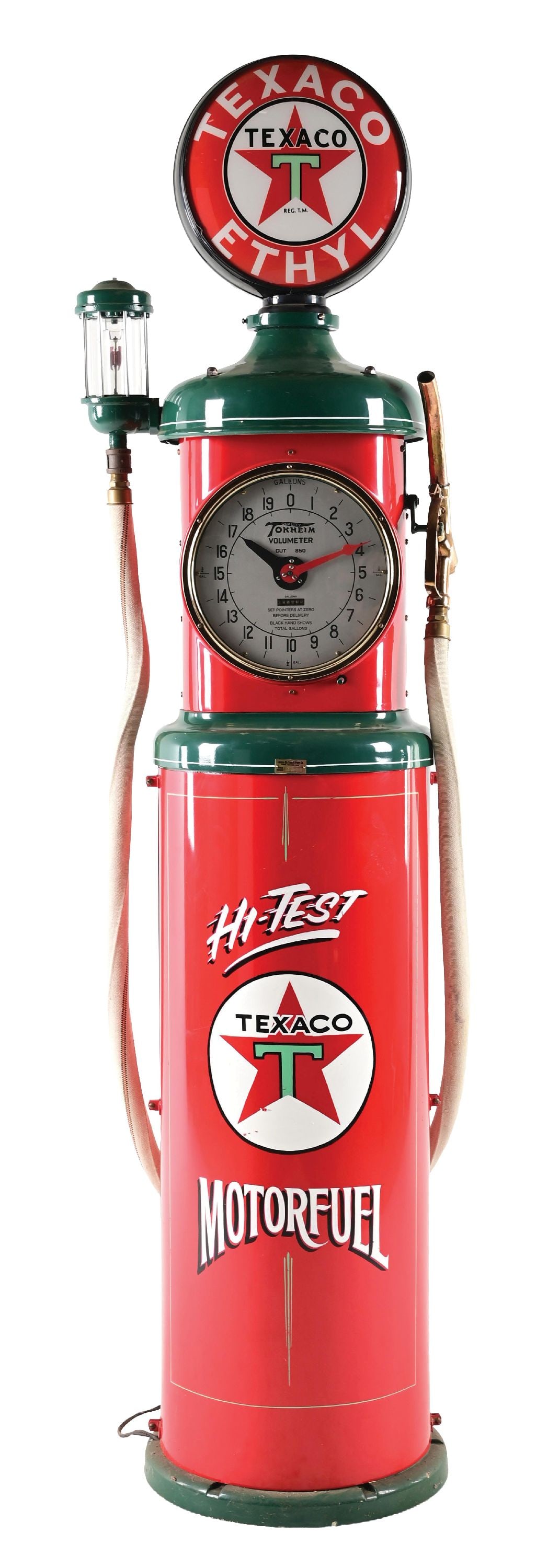 TOKHEIM MODEL 850 GAS PUMP RESTORED IN TEXACO: CONDITION: Showing an excellent restoration throughout, with hand-painted lettering and pin striping throughout, as well as polished brass bezel. Pump showing minimal areas of surface scratching and l