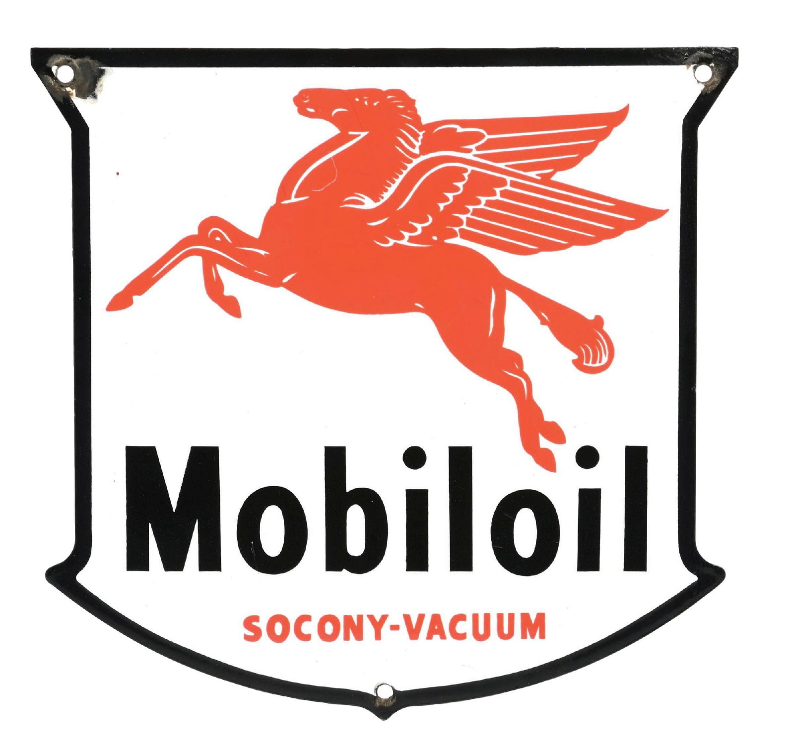 MOBILOIL PORCELAIN BOTTLE RACK SHIELD SIGN WITH PEGASUS GRAPHIC: SSP. C. 1950s. CONDITION: Excellent color and gloss throughout, showing clean field, free of any chipping. Light chips at the upper mounting holes, with minor wear along the outer edges. Overall brigh