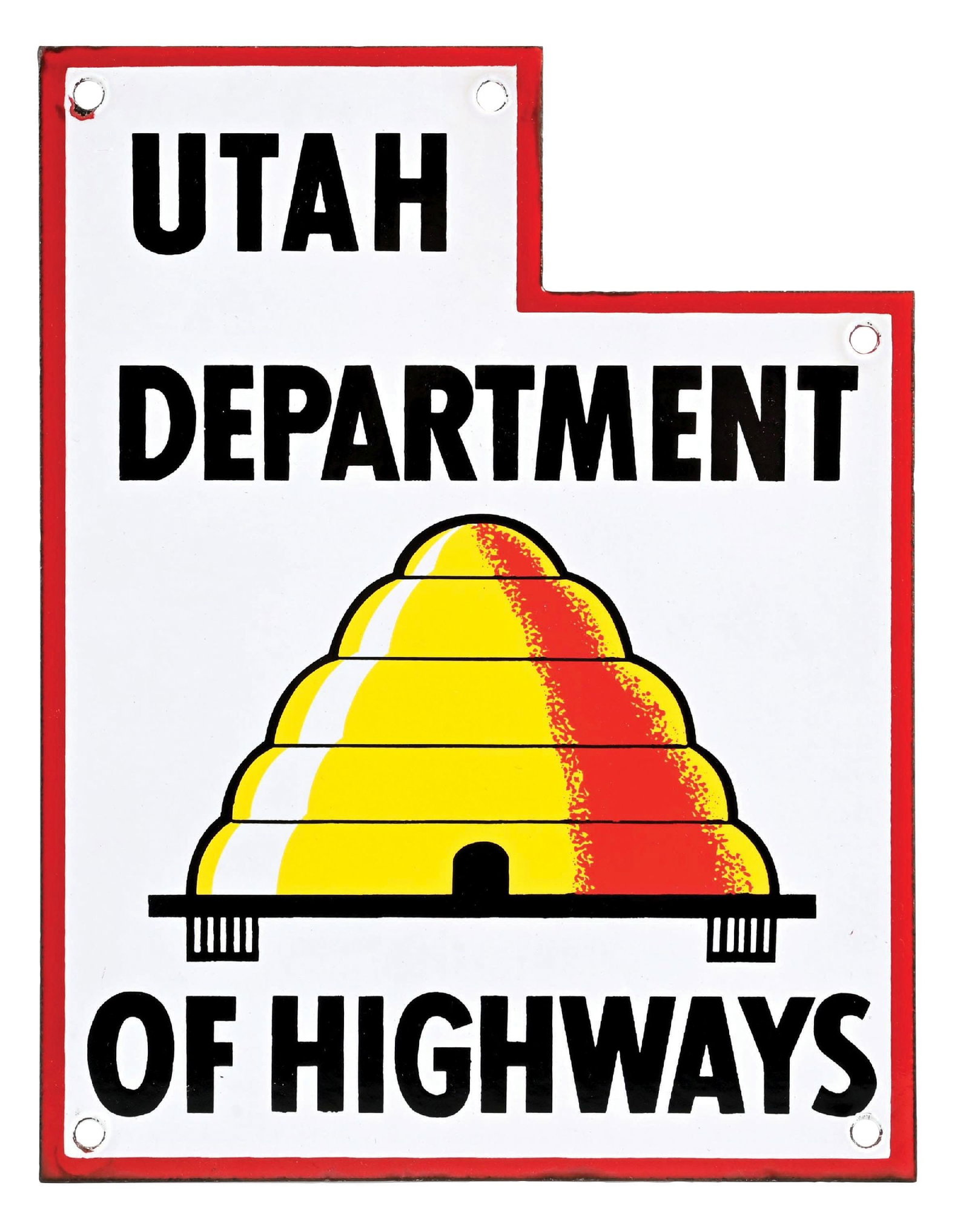 OUTSTANDING UTAH DEPARTMENT OF HIGHWAYS PORCELAIN SIGN: SSP. CONDITION: Brilliant color and gloss throughout, showing excellent condition graphic. Inner and outer fields in immaculate condition. Very minimal mounting hole wear with minor wear along the out