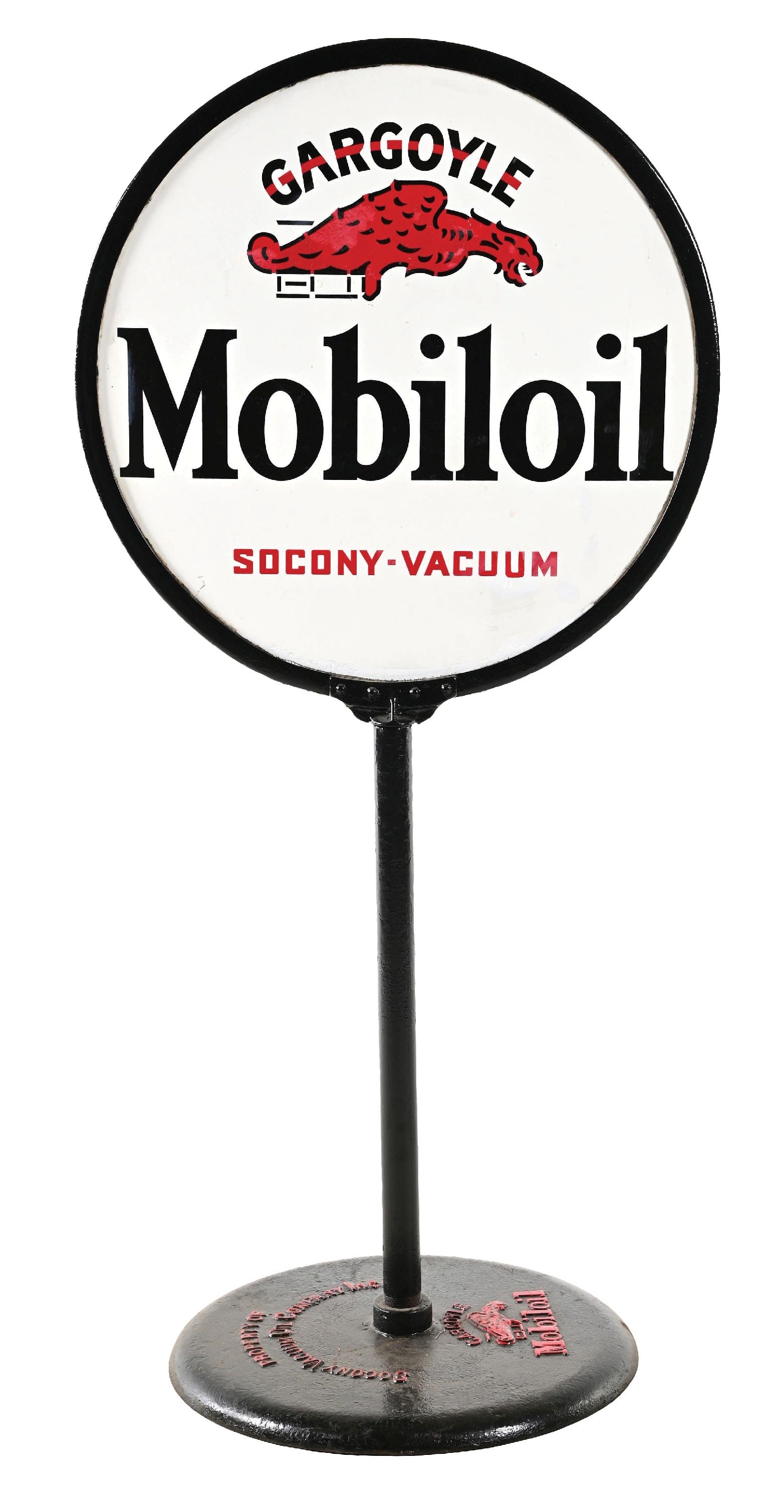 MOBILOIL GARGOYLE PORCELAIN LOLLIPOP SIGN: DSP. C. 1920s. CONDITION: Sign shows excellent color and shine throughout each side, with some moderate areas of touch-up in the inner and outer fields, as well as some areas of surface scratches. Sho